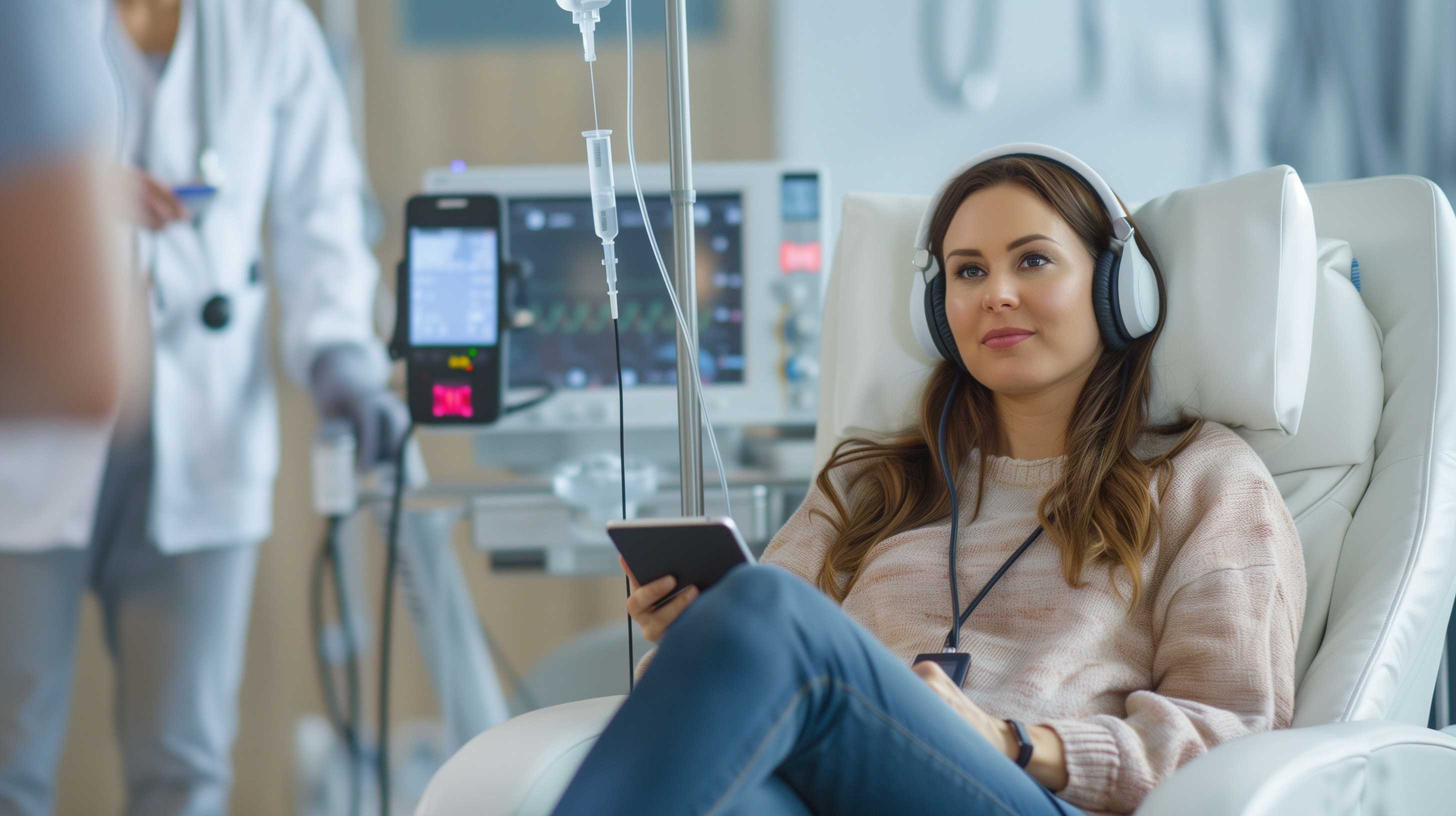 Woman wearing headphones listens to music on tablet while receiving IV infusion in medical chair.