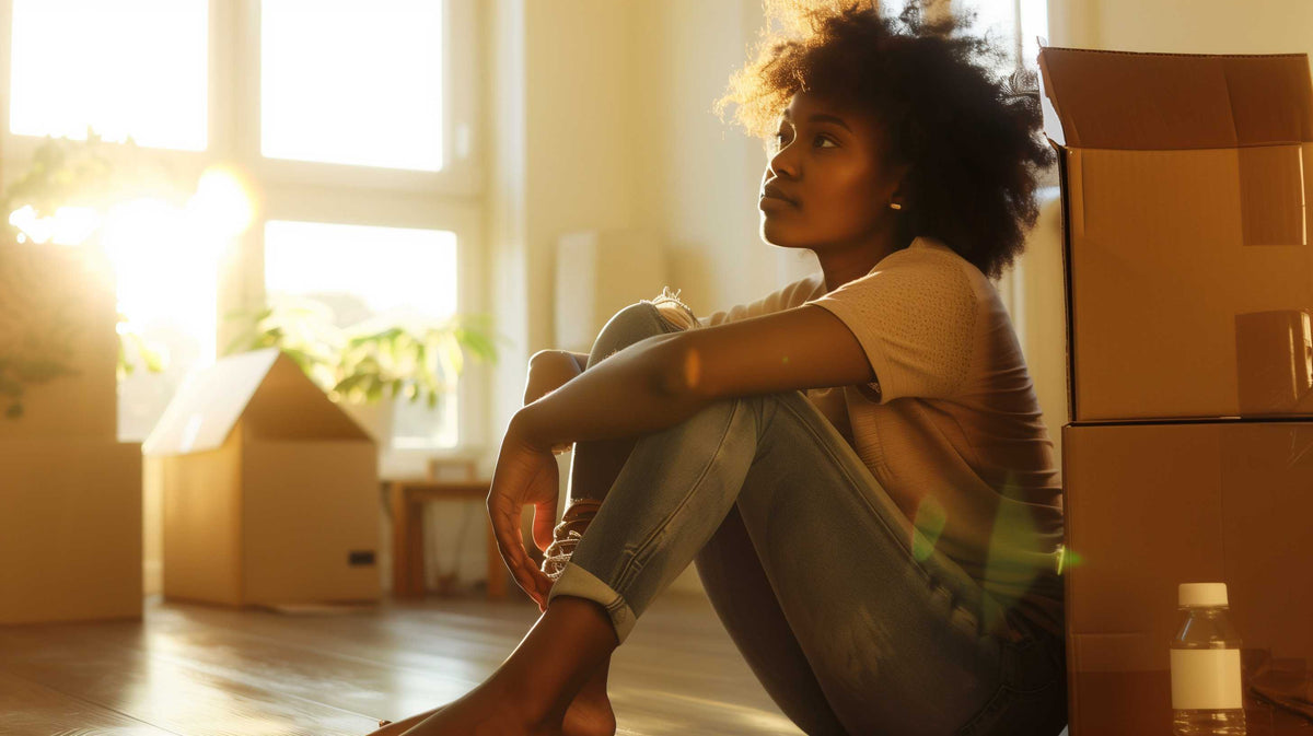 Person sitting cross-legged on floor near moving boxes, looking thoughtful during relocation.