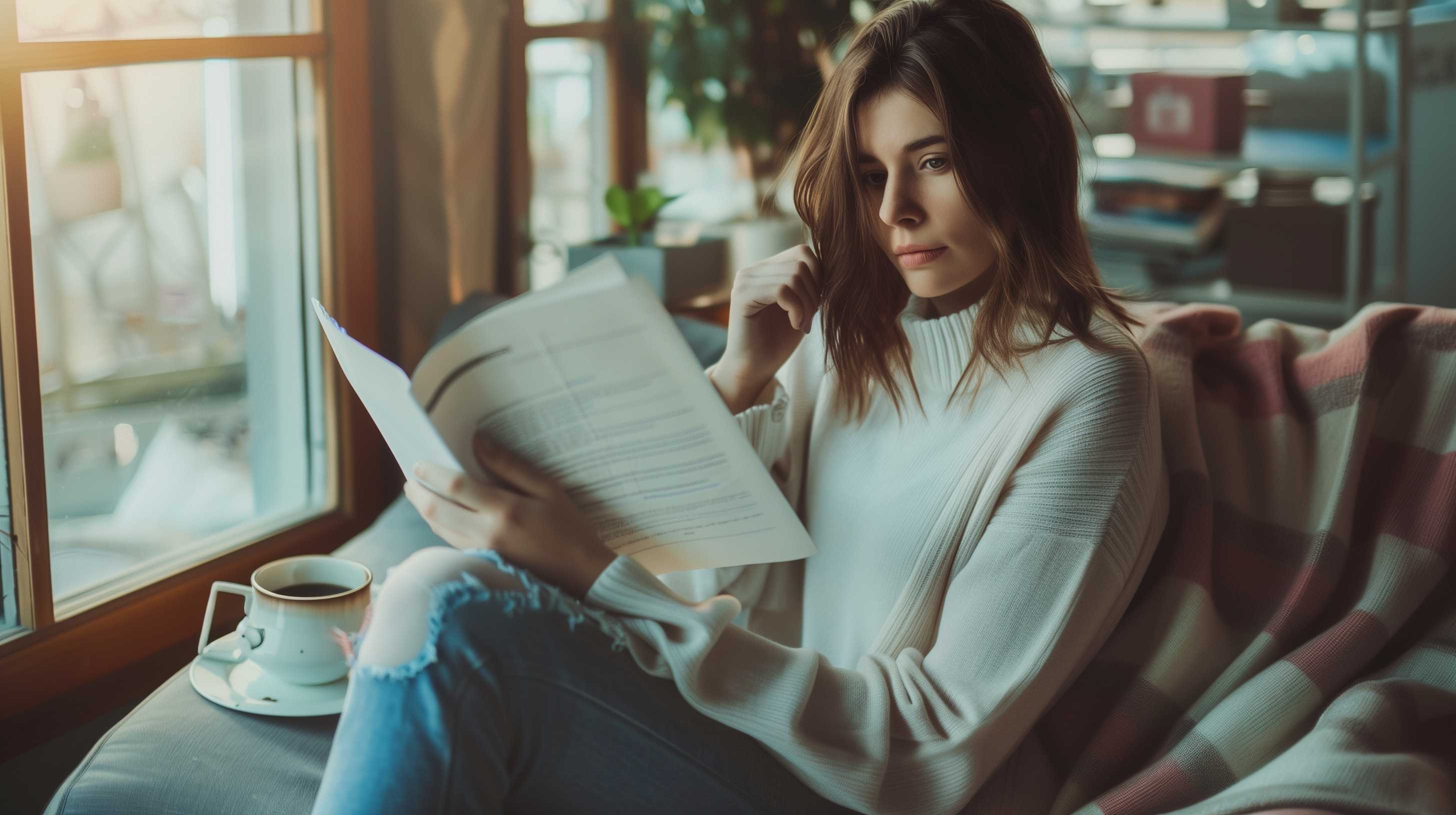 Woman in comfortable sweater sitting by window, reading paperwork with coffee nearby.