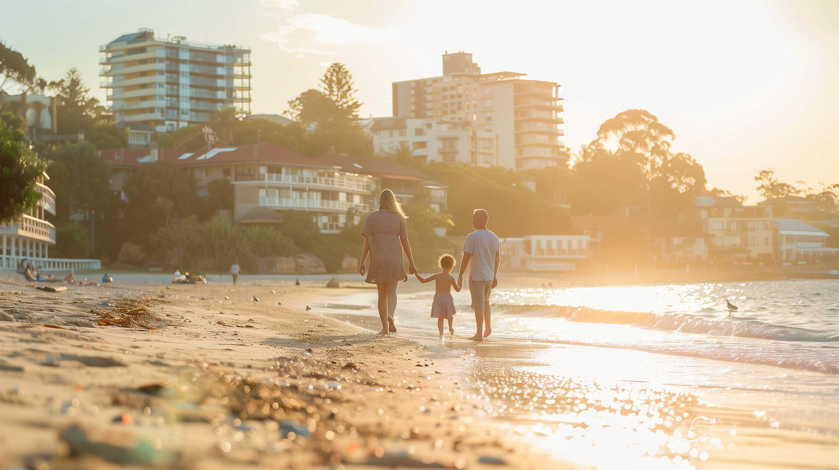 Family wading in ocean waters at sunset with beachfront residential buildings in background.
