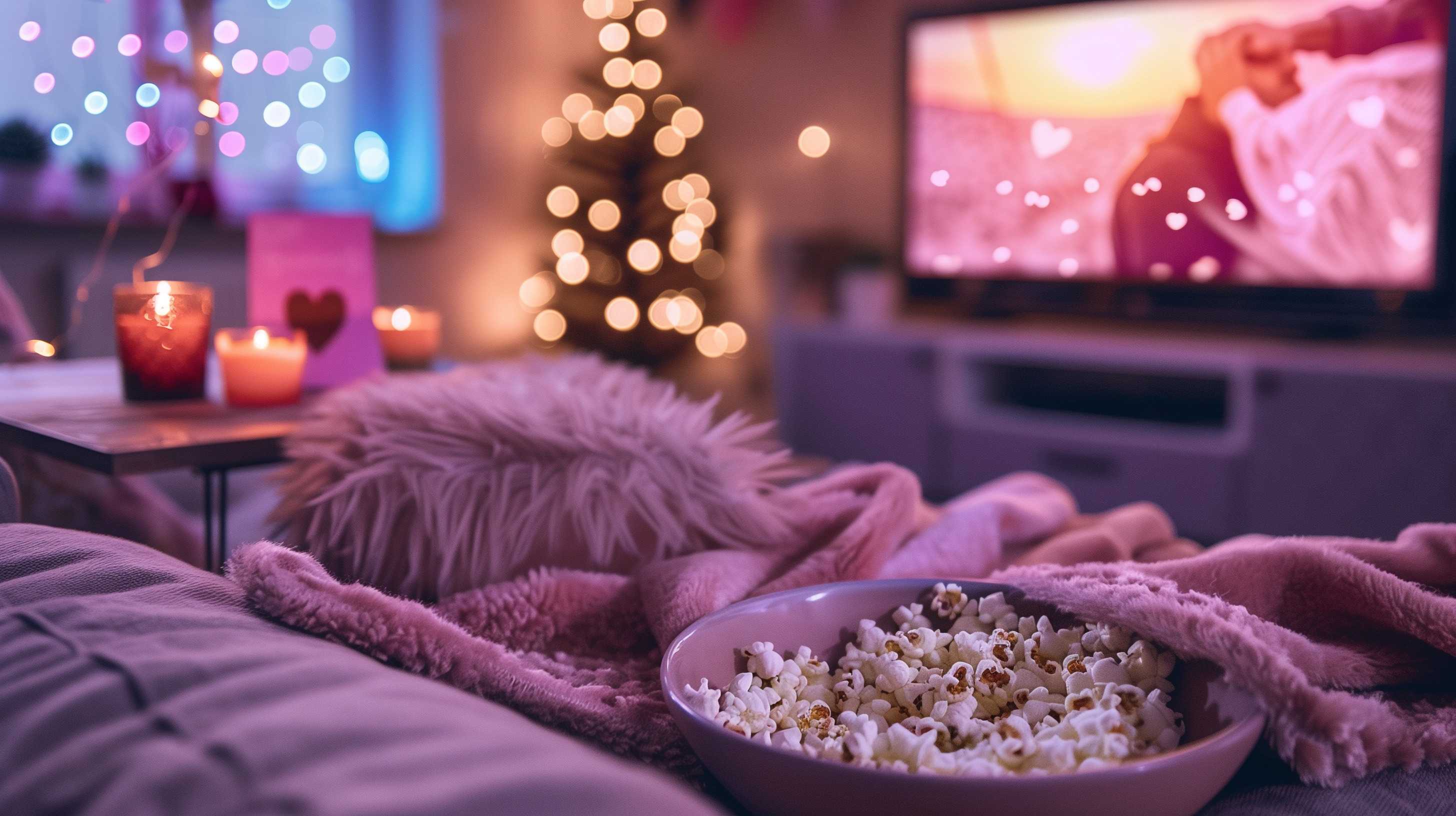 Cozy Valentine's Day setup with popcorn, blanket, candles, and holiday lights for a comfortable at-home celebration.
