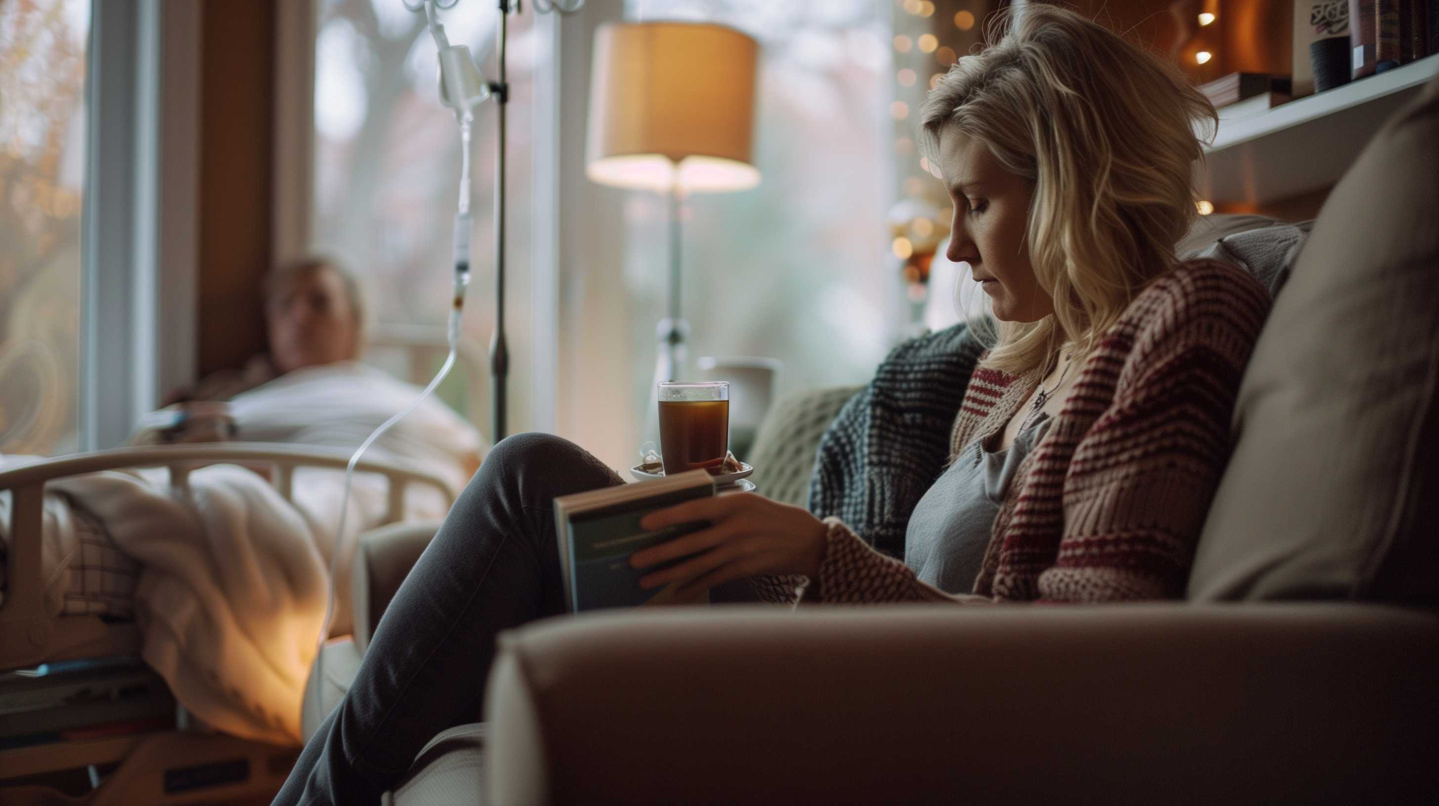 Woman relaxing on couch with warm beverage, practicing self-care and mindfulness by a window.