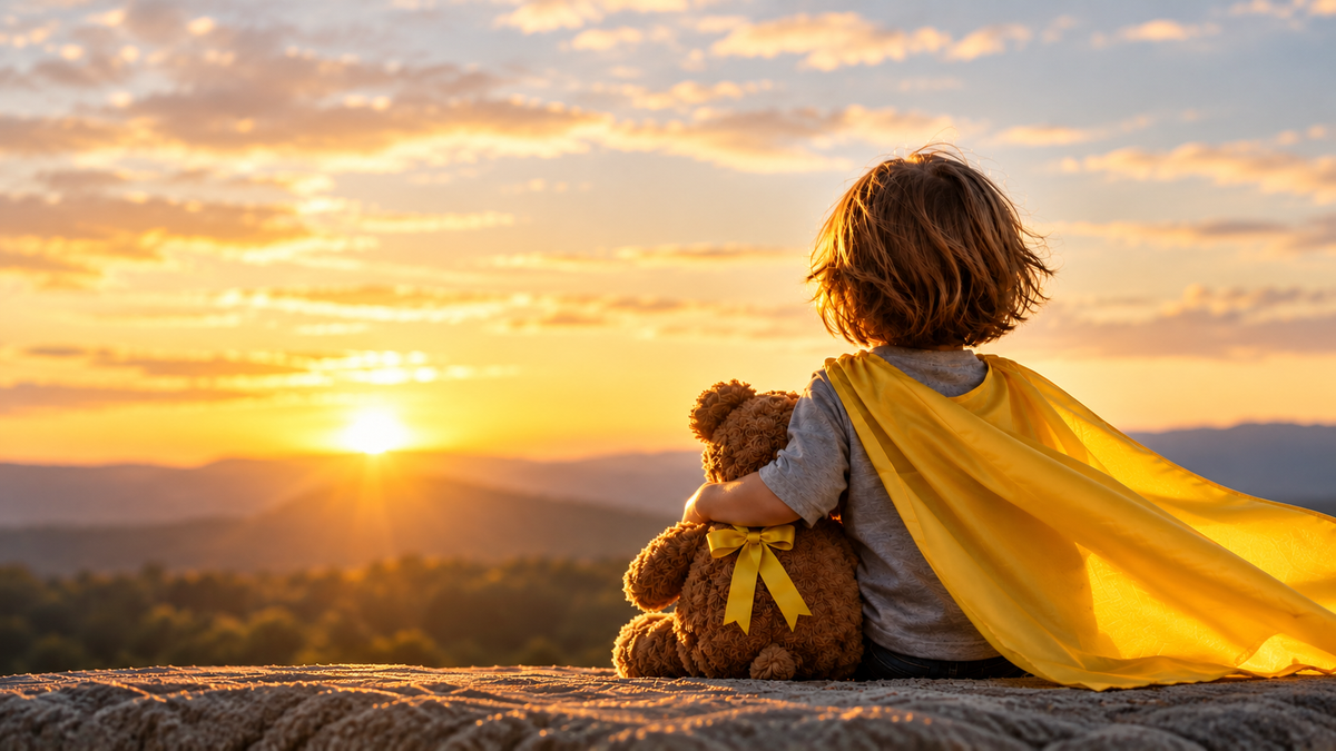 boy with gold cap sitting on a mountain with his teddy bear looking at the sunet.