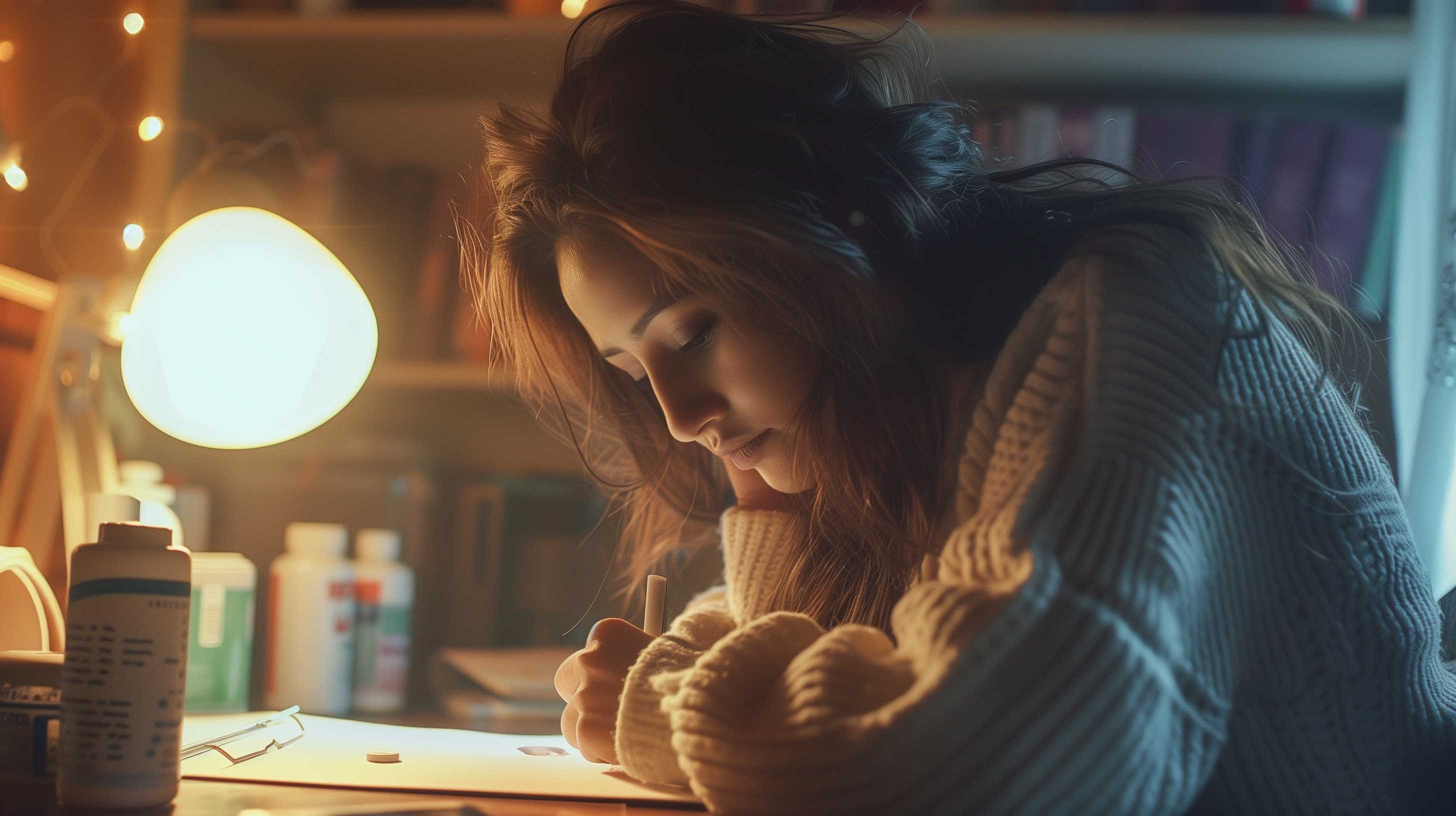Woman writing in notebook at vanity mirror with warm lighting, appearing focused and thoughtful.