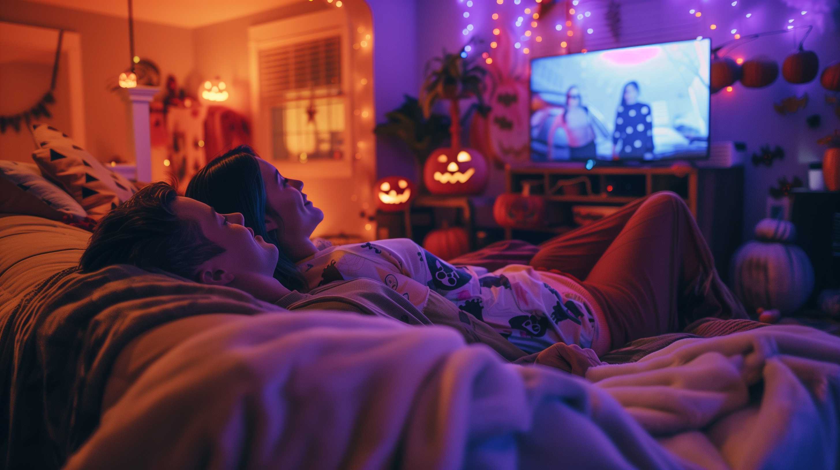 Person relaxing on bed wearing patterned pajamas while watching Halloween movie on screen with festive orange and purple lighting.