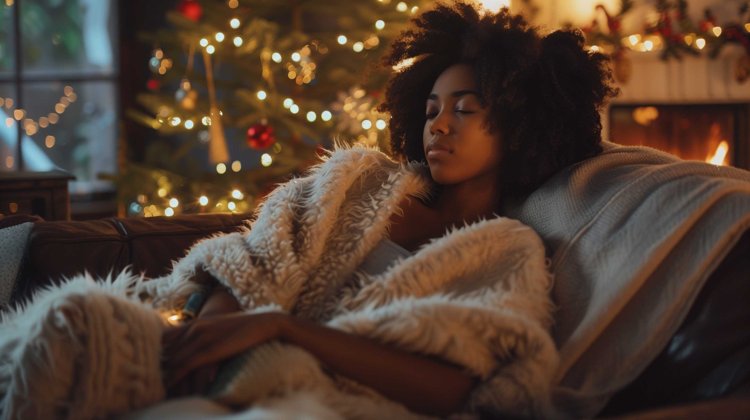 Woman cozily wrapped in blankets on a couch with holiday lights glowing softly in the background.