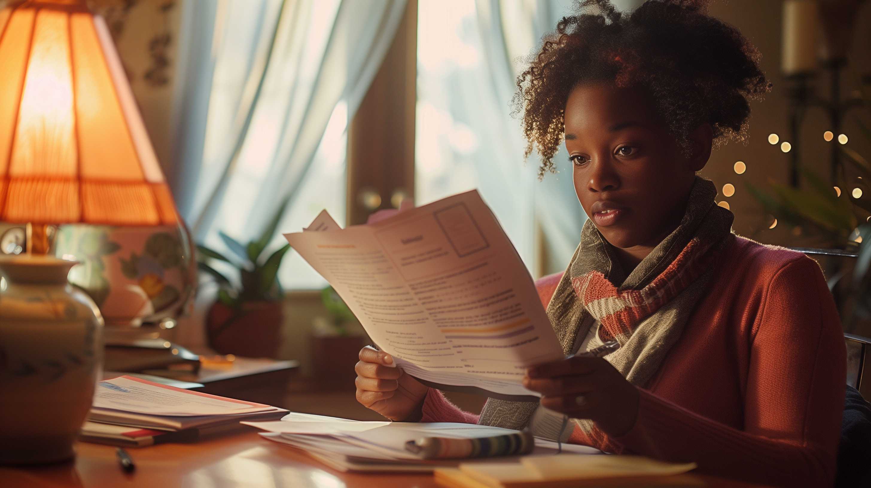 Woman reviewing medical documents at a desk with warm lighting, preparing to advocate for herself in healthcare.