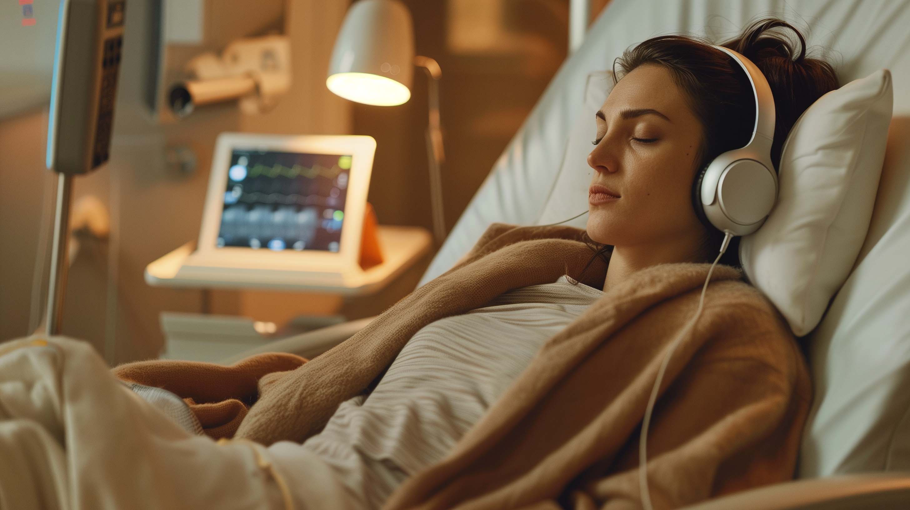 Woman in hospital bed wearing headphones and comfortable clothing while listening to music during medical treatment.
