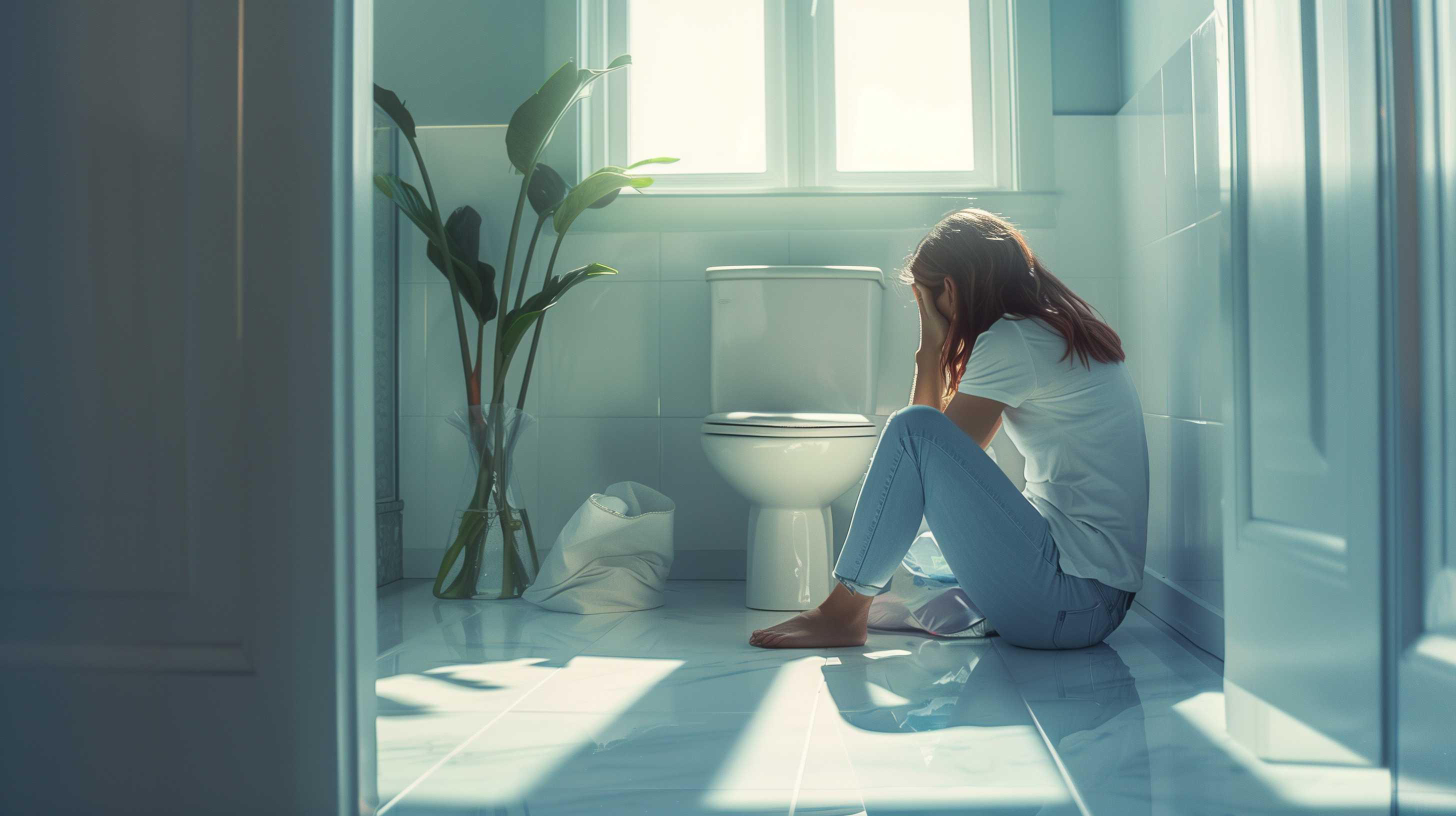 Person sitting on bathroom floor in distress, relating to inflammatory bowel disease management challenges.