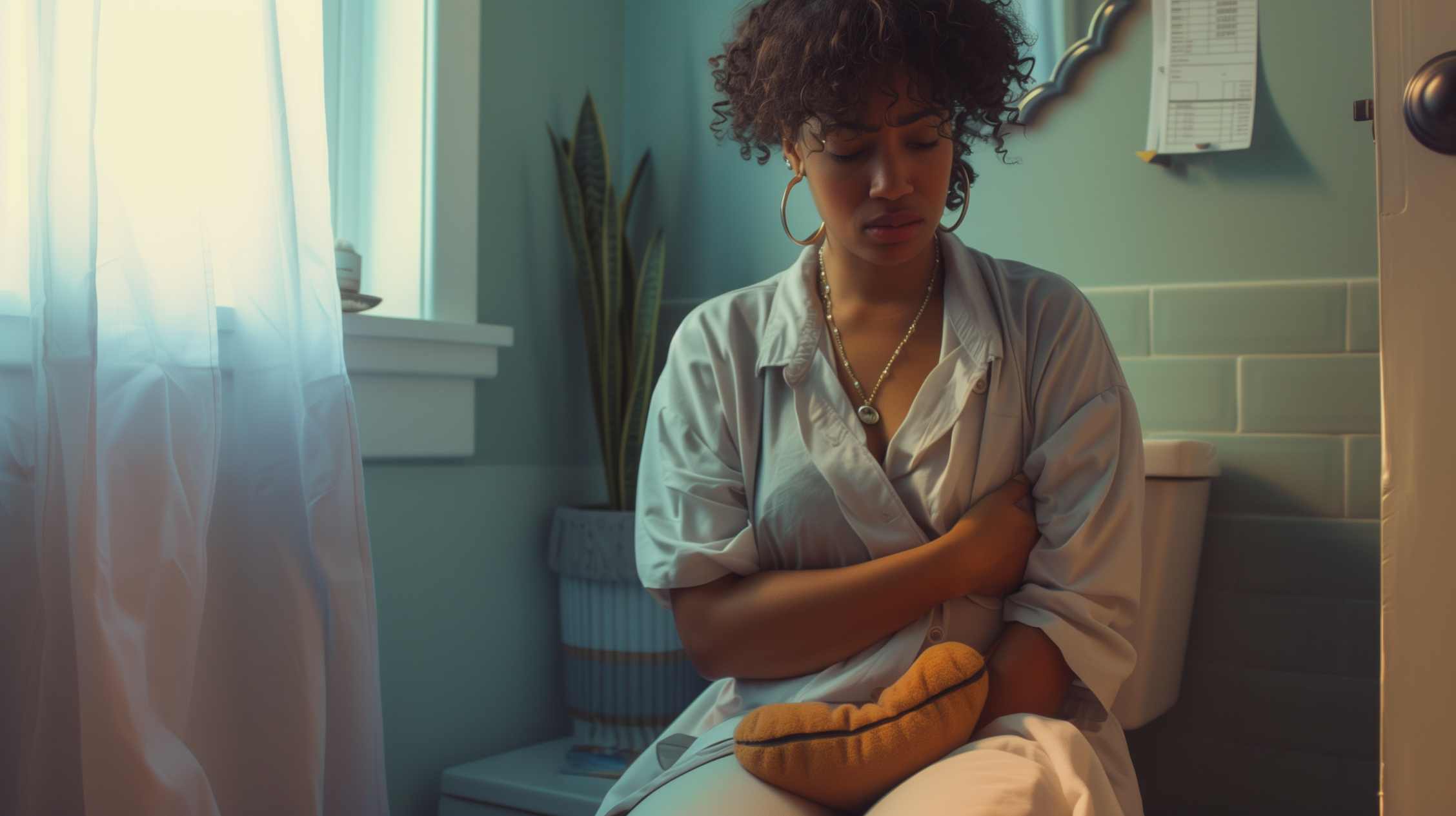 Woman in adaptive medical clothing sits thoughtfully in a medical office setting, holding her abdomen.