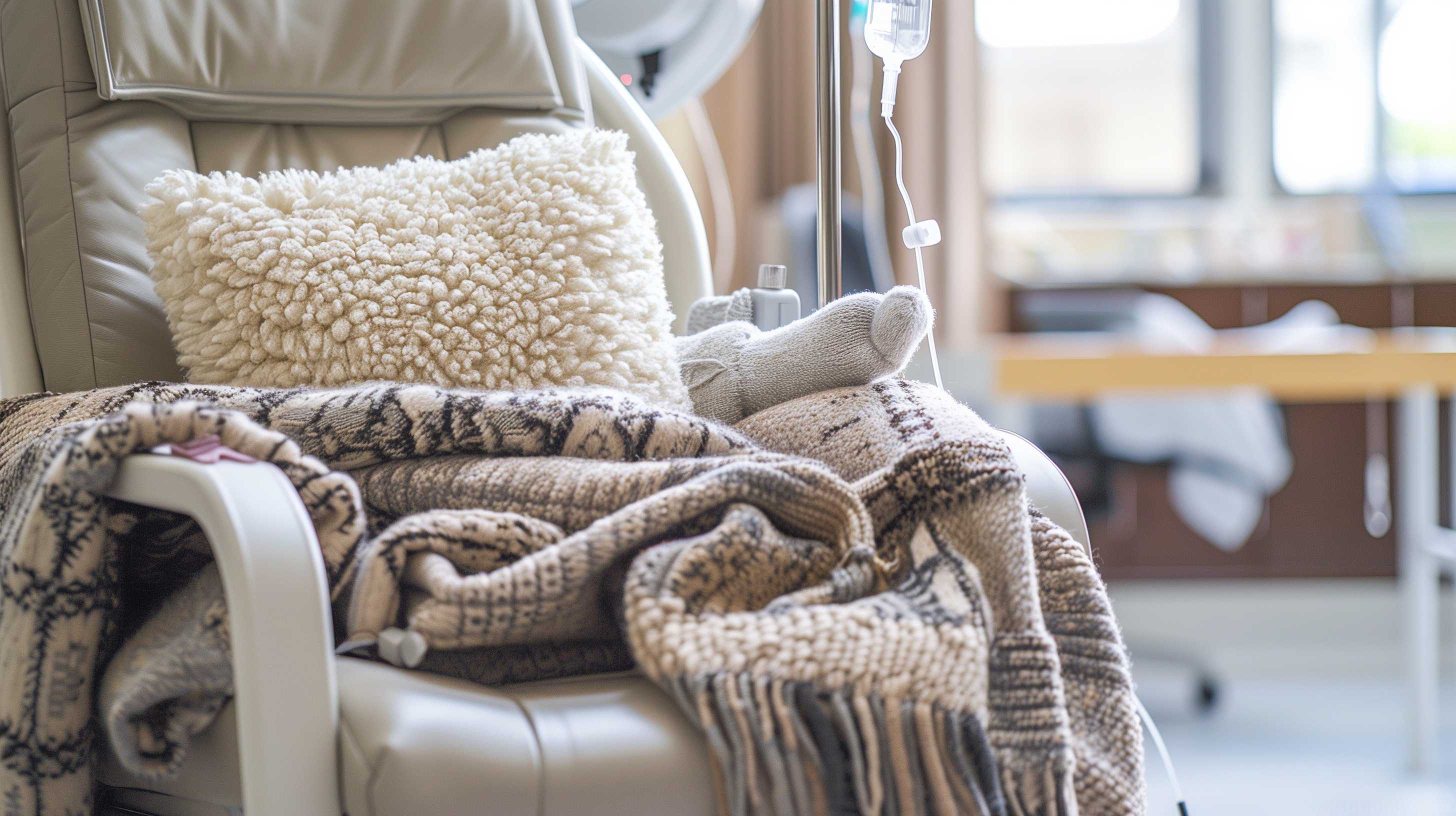 Cozy chair draped with blankets and pillows near an IV stand for infusion treatment comfort.
