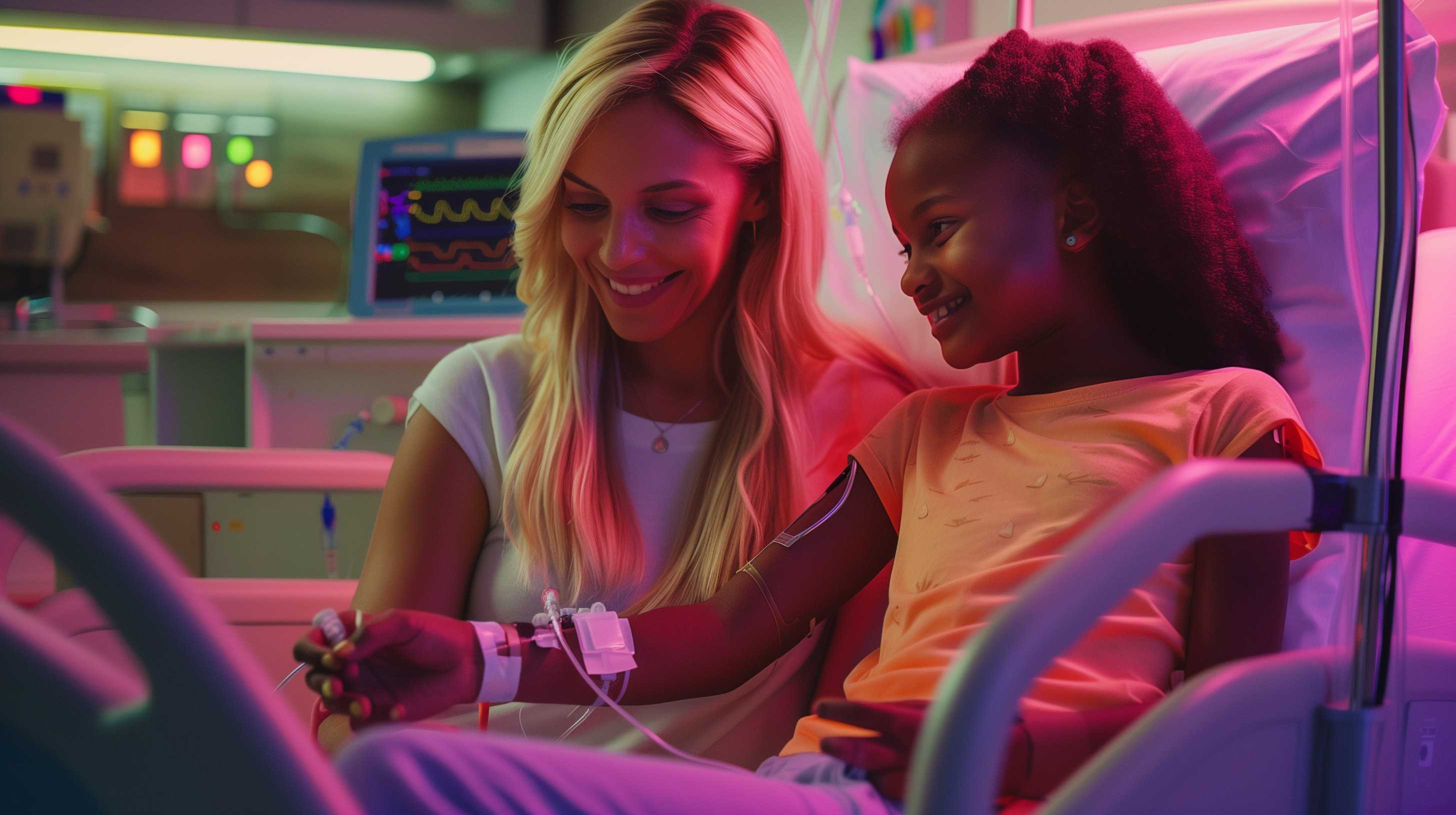 Two women smiling while looking at a medical device together in a neon-lit room.