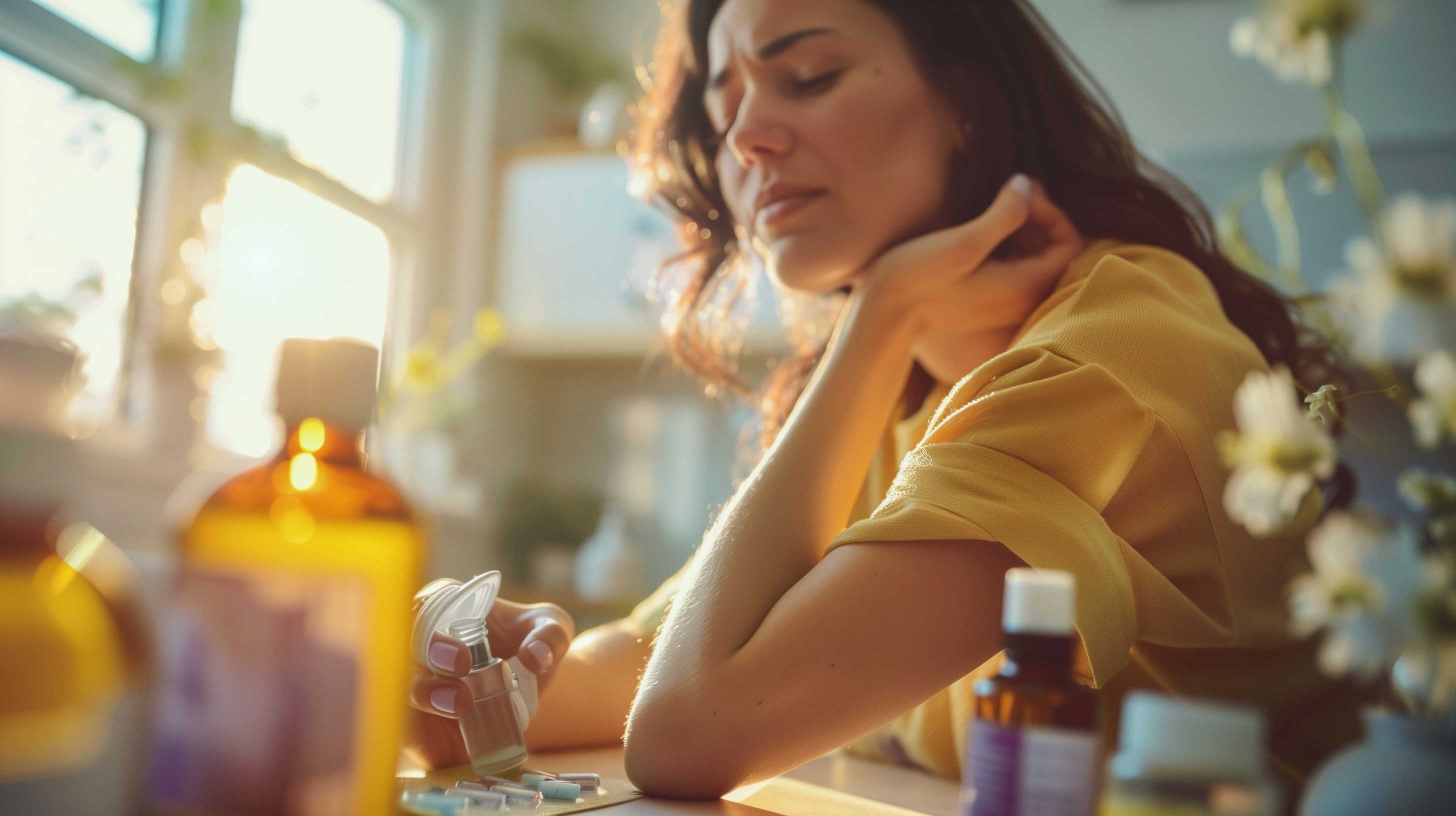 Woman in yellow shirt holding medication bottle by sunny window surrounded by health products.