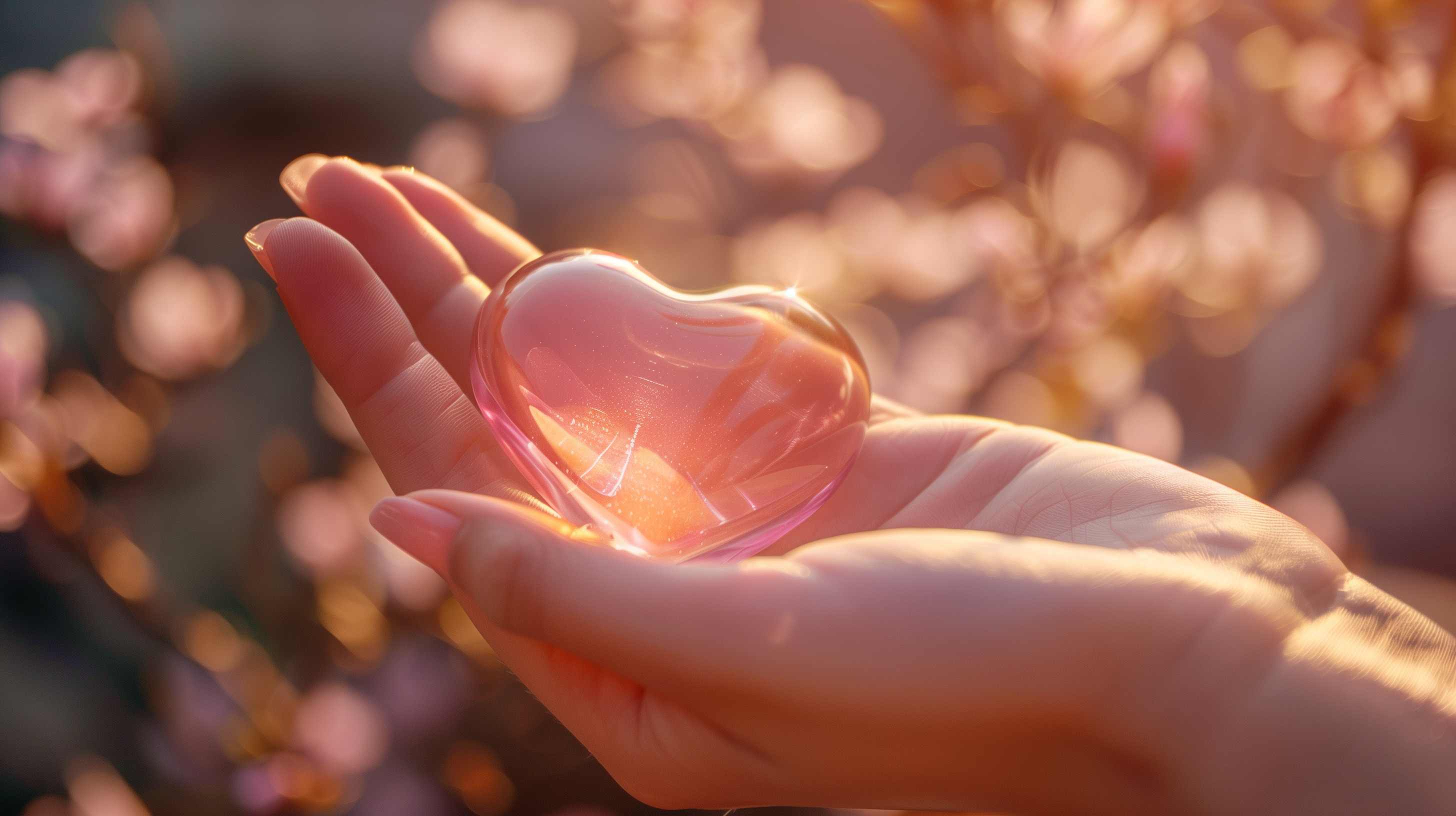 A glowing red heart rests in an open palm under warm, golden sunlight.