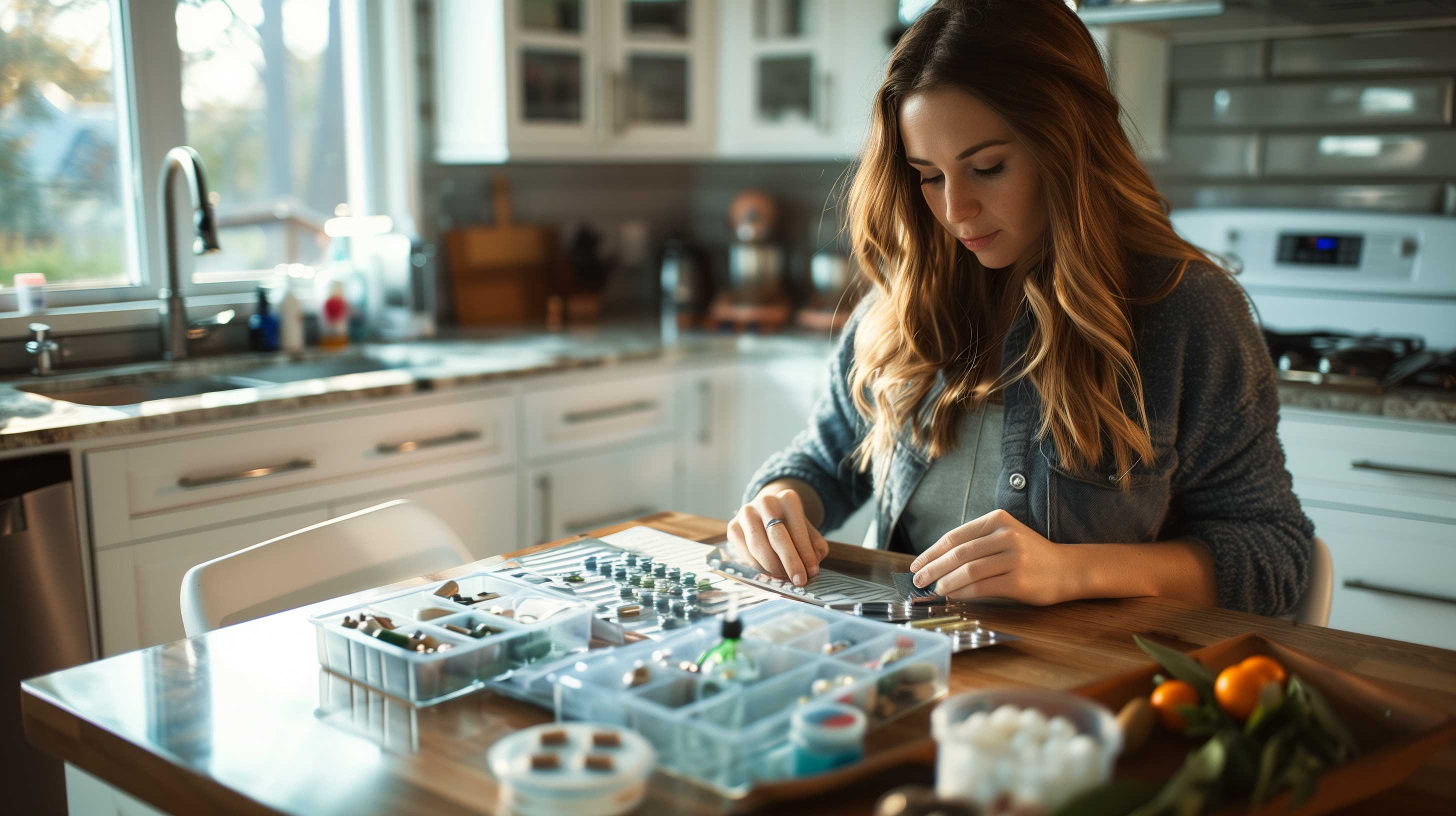 Woman organizing multiple medication containers and pills at a kitchen table.
