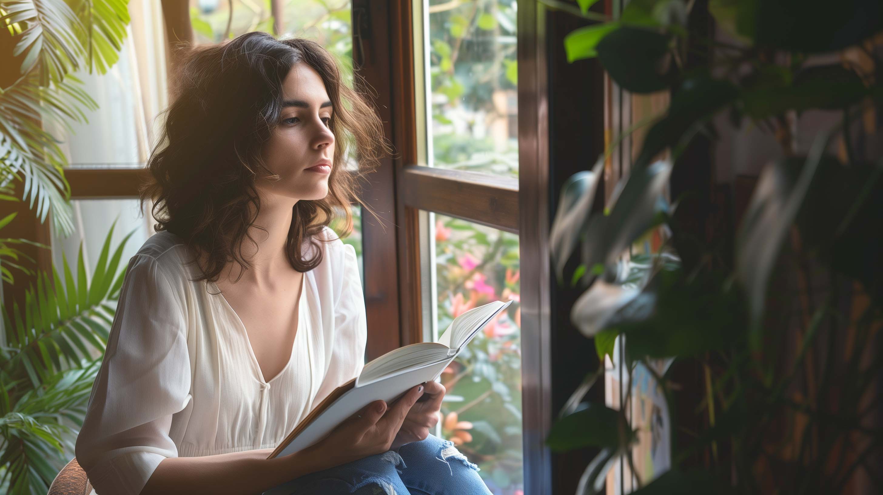 Woman reading by a window surrounded by plants, reflecting on managing chronic illness emotions.