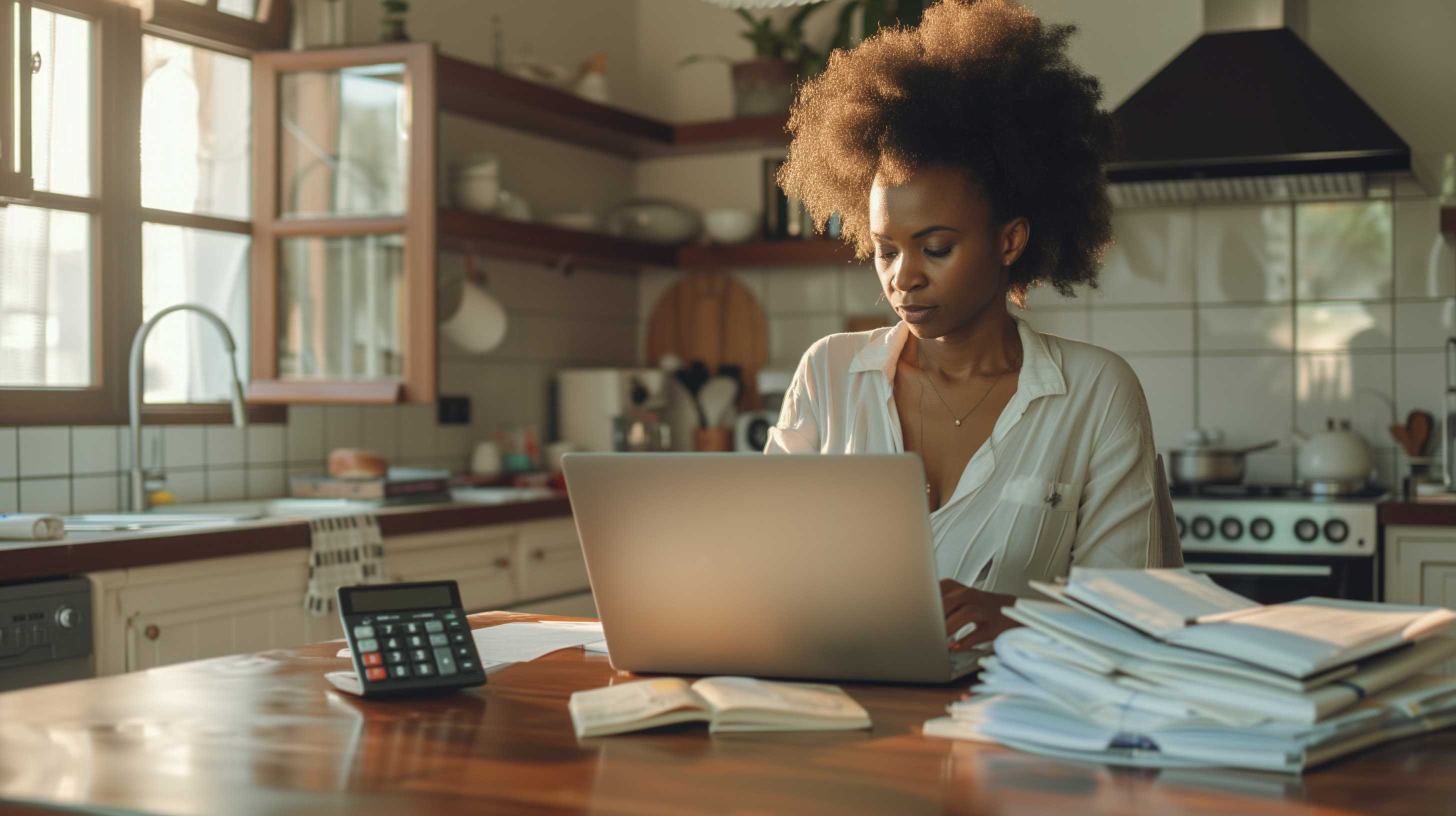 Woman organizing financial documents and using laptop at kitchen table to manage medical expenses.