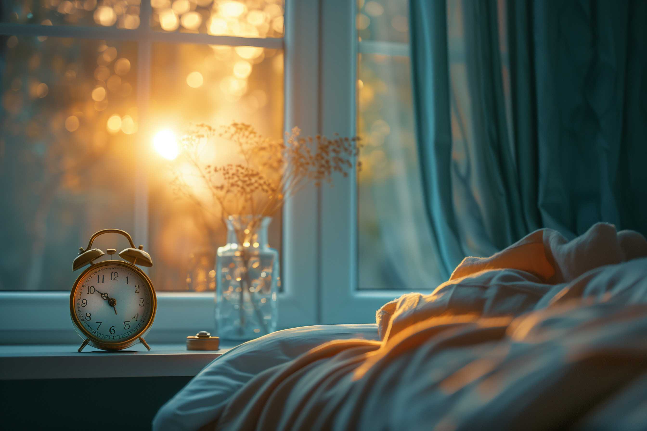 early morning view of sunrise out the bedroom window with a block showing it is before 6AM