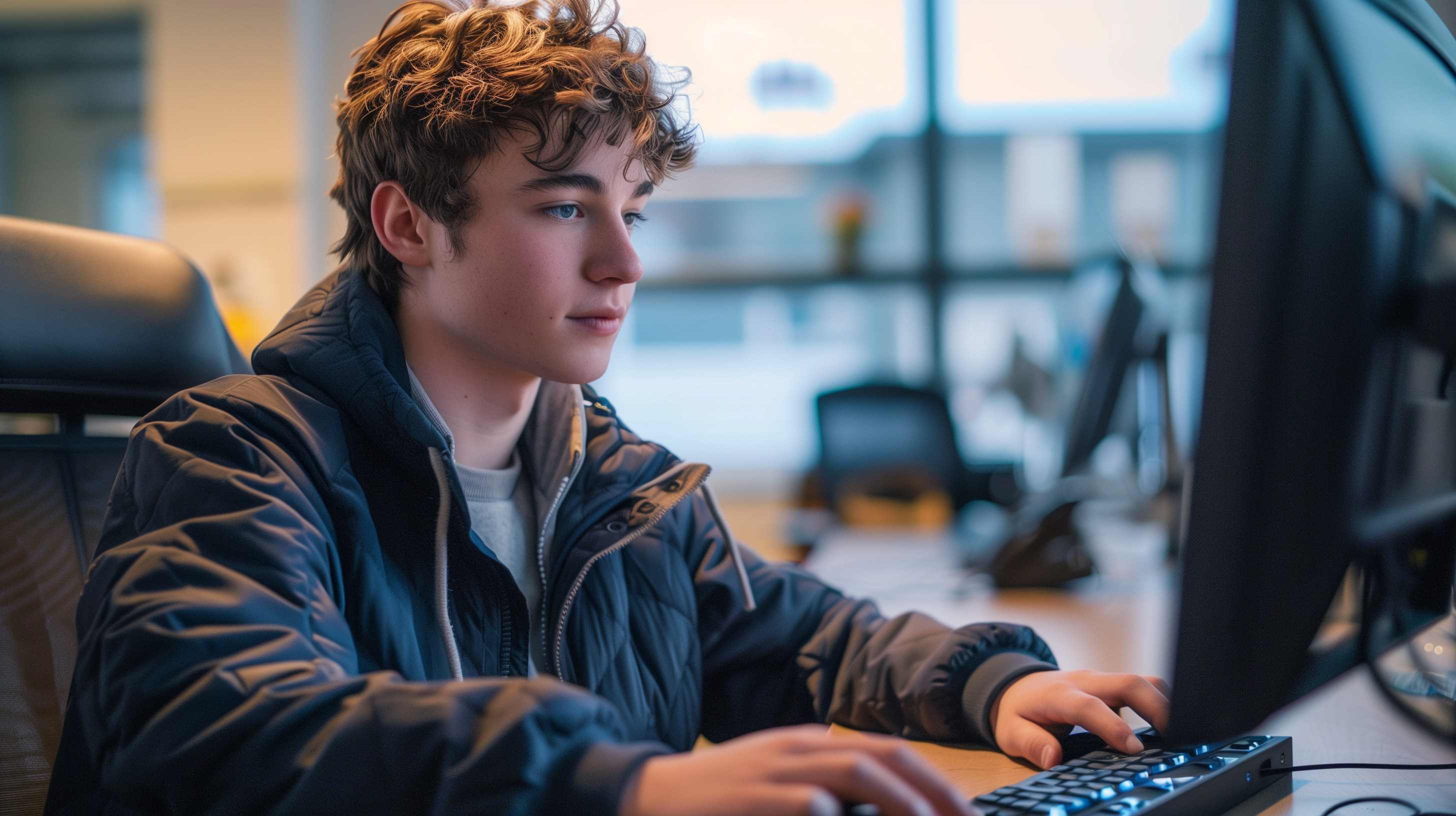 Young person wearing adaptive jacket while working at computer desk in office setting.