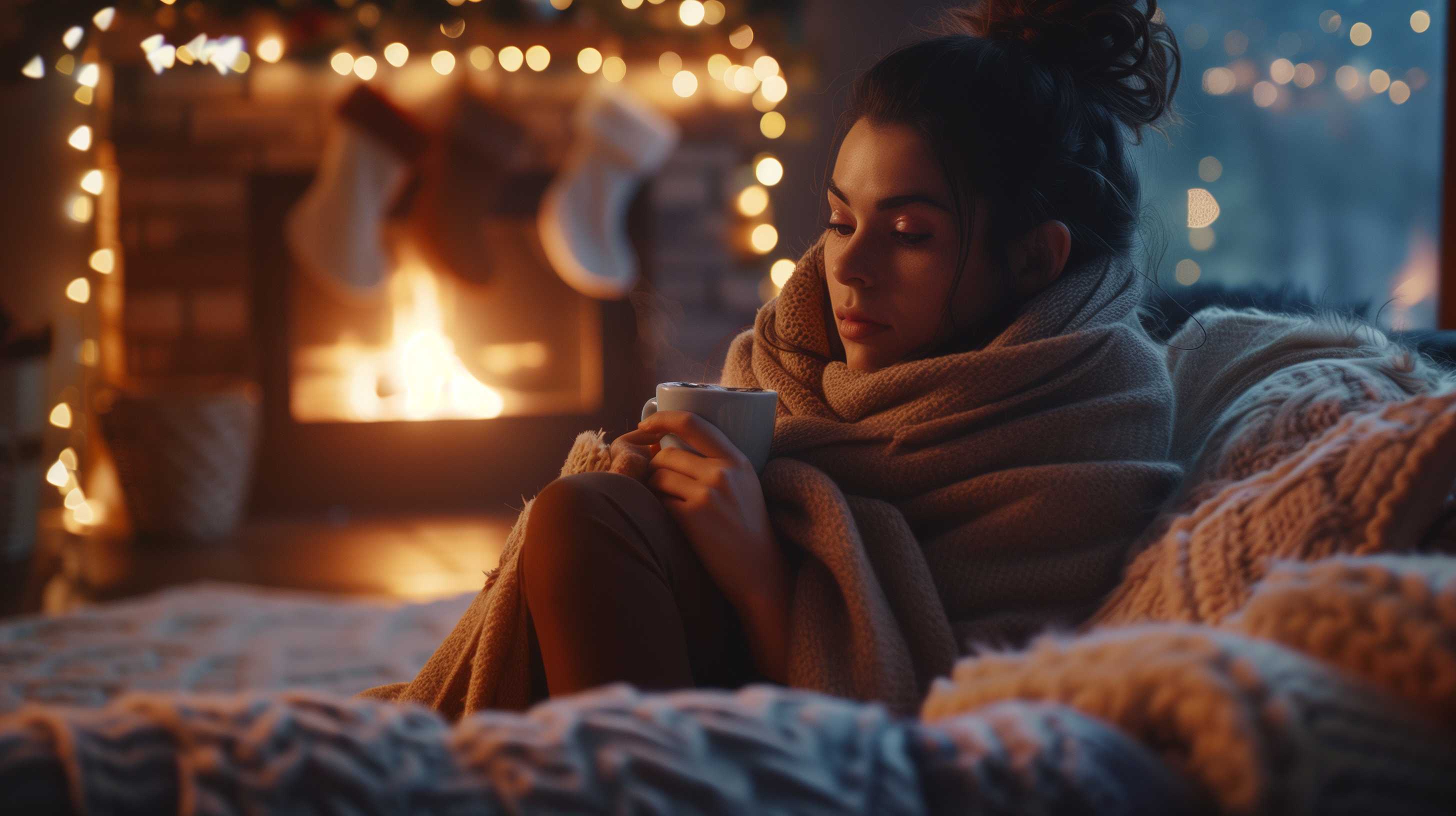Woman wrapped in cozy blankets holding a warm mug by a fireplace with twinkling lights.