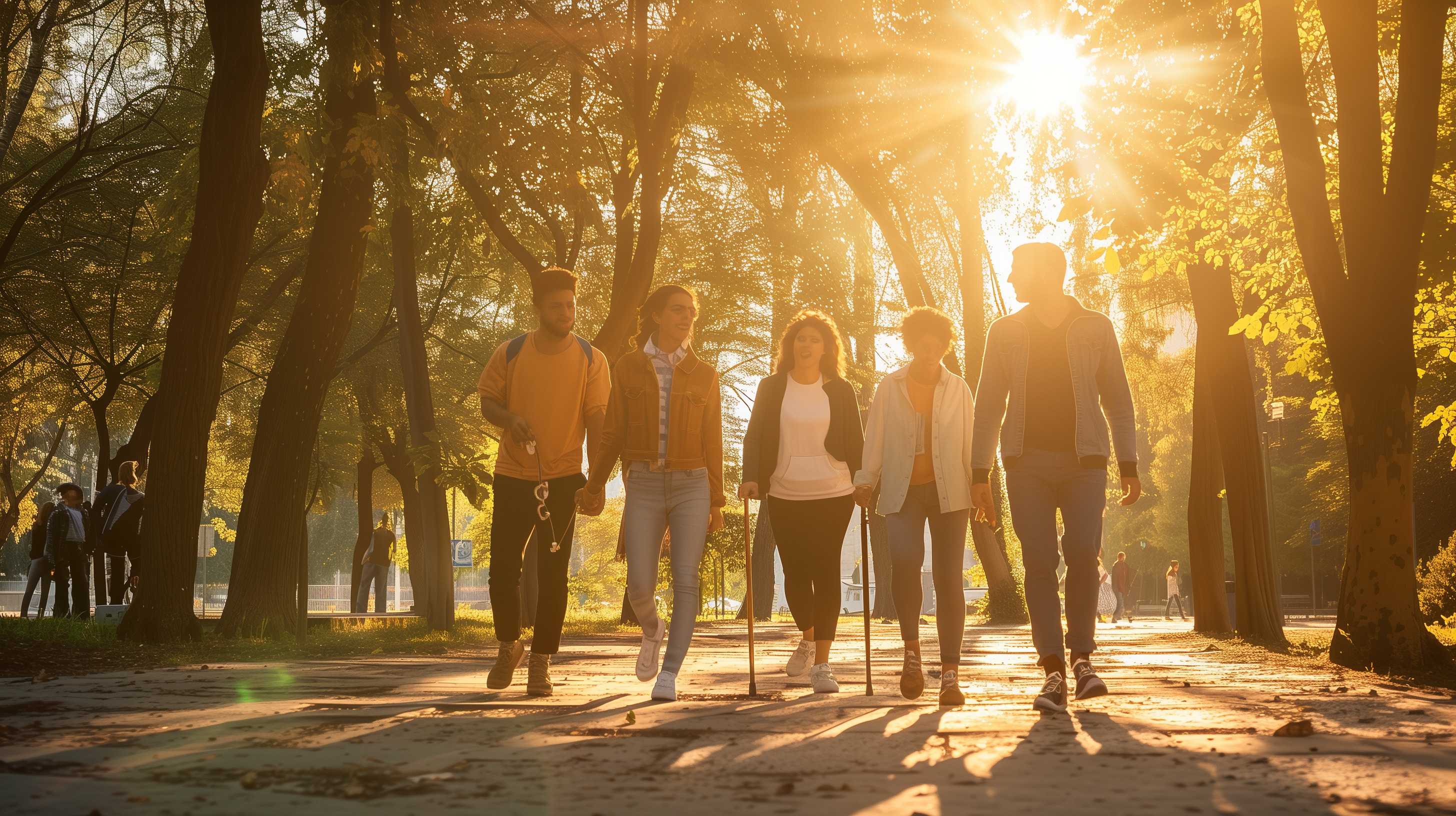 Group of people walking together on a tree-lined path in golden sunlight.