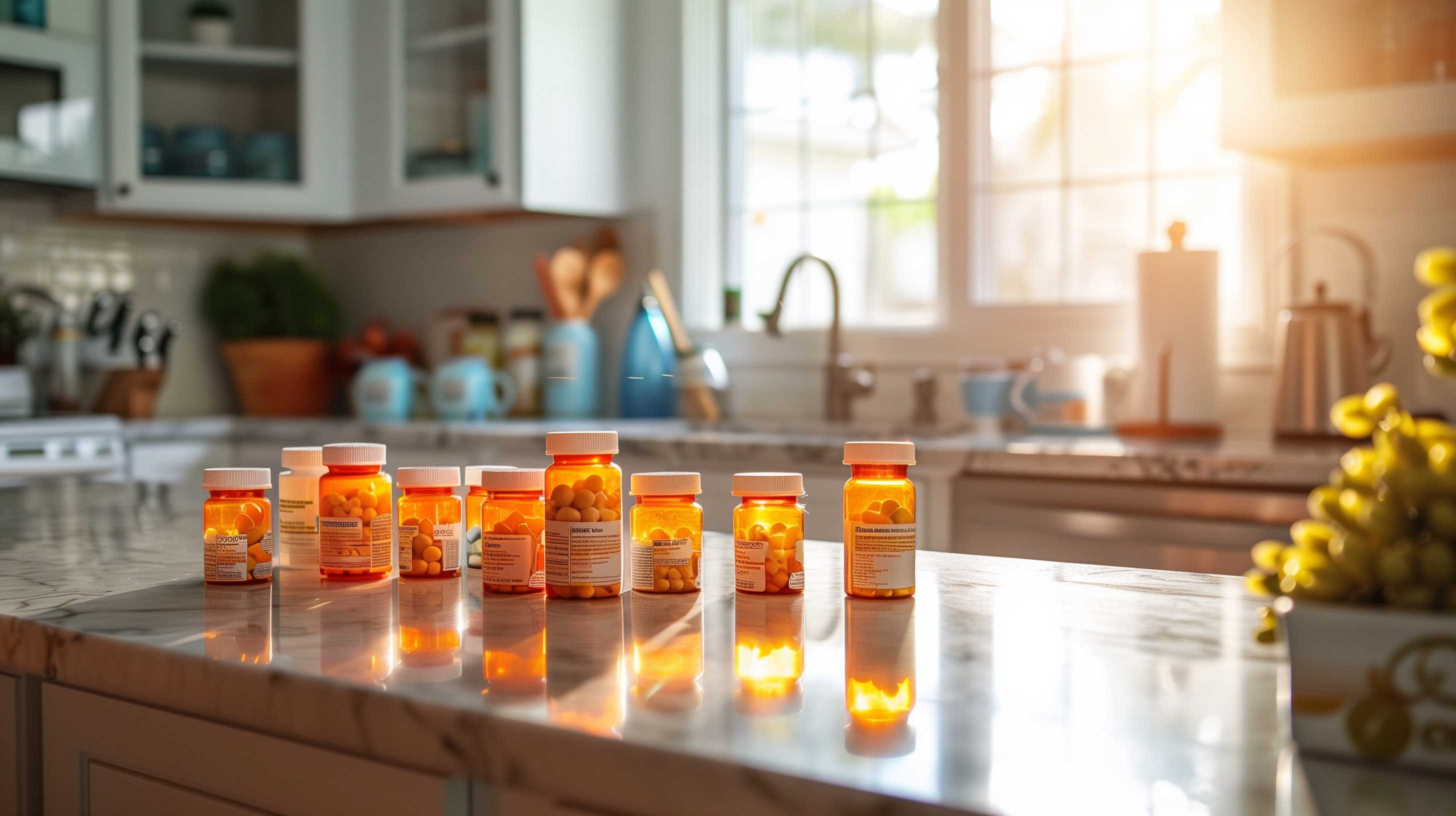 Multiple amber prescription bottles arranged on a kitchen counter in sunlight.