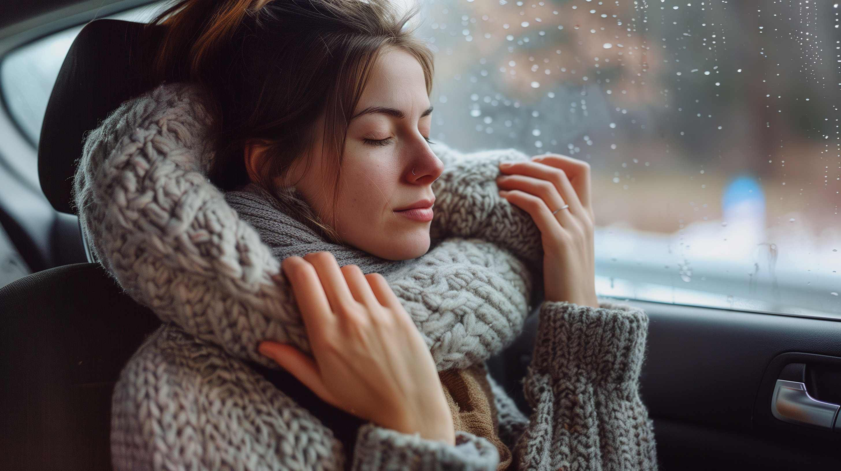 Woman in cozy winter clothing gazes out rainy car window during travel.