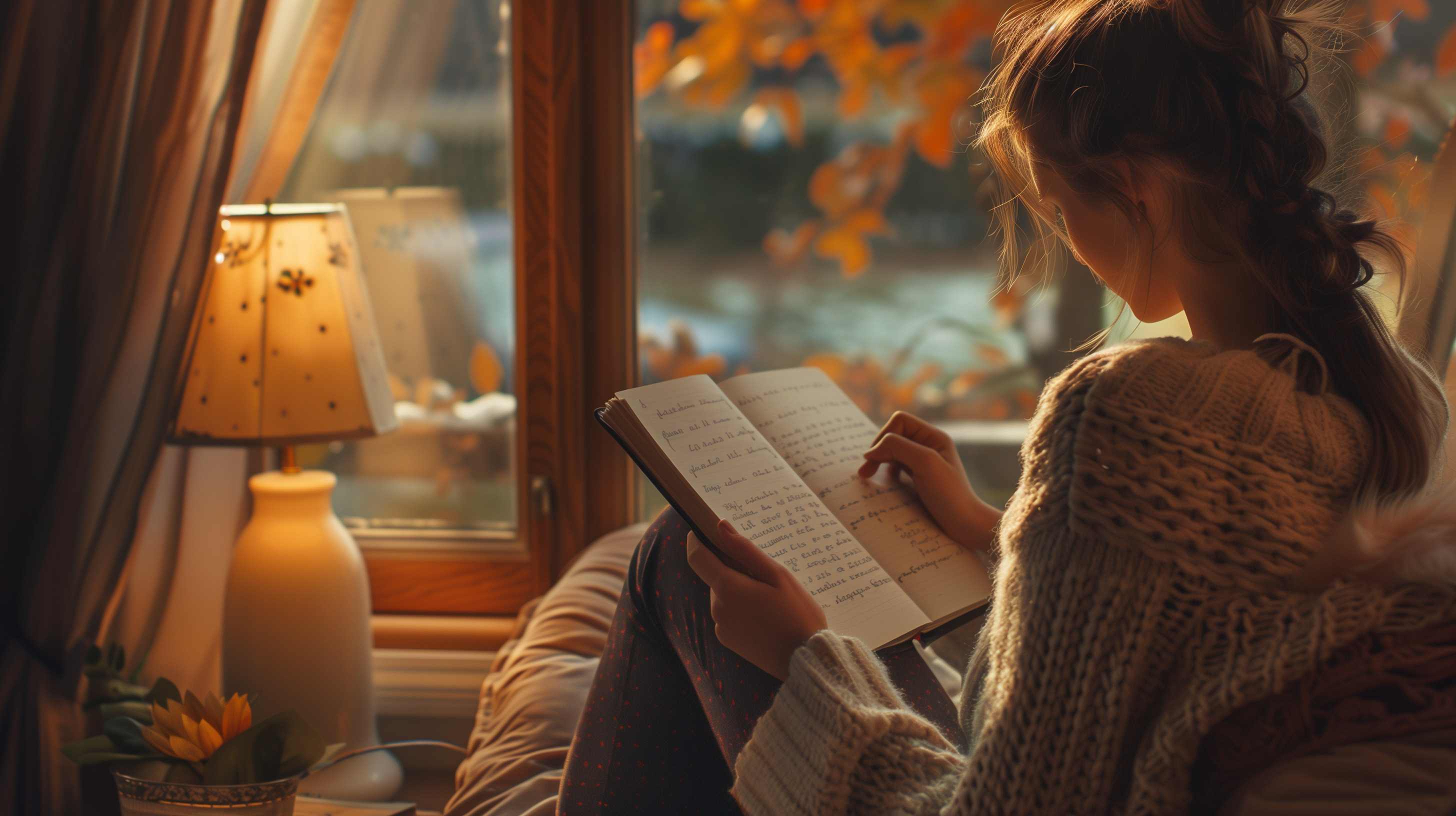 Woman reading by a window on an autumn day, illuminated by warm lamplight.