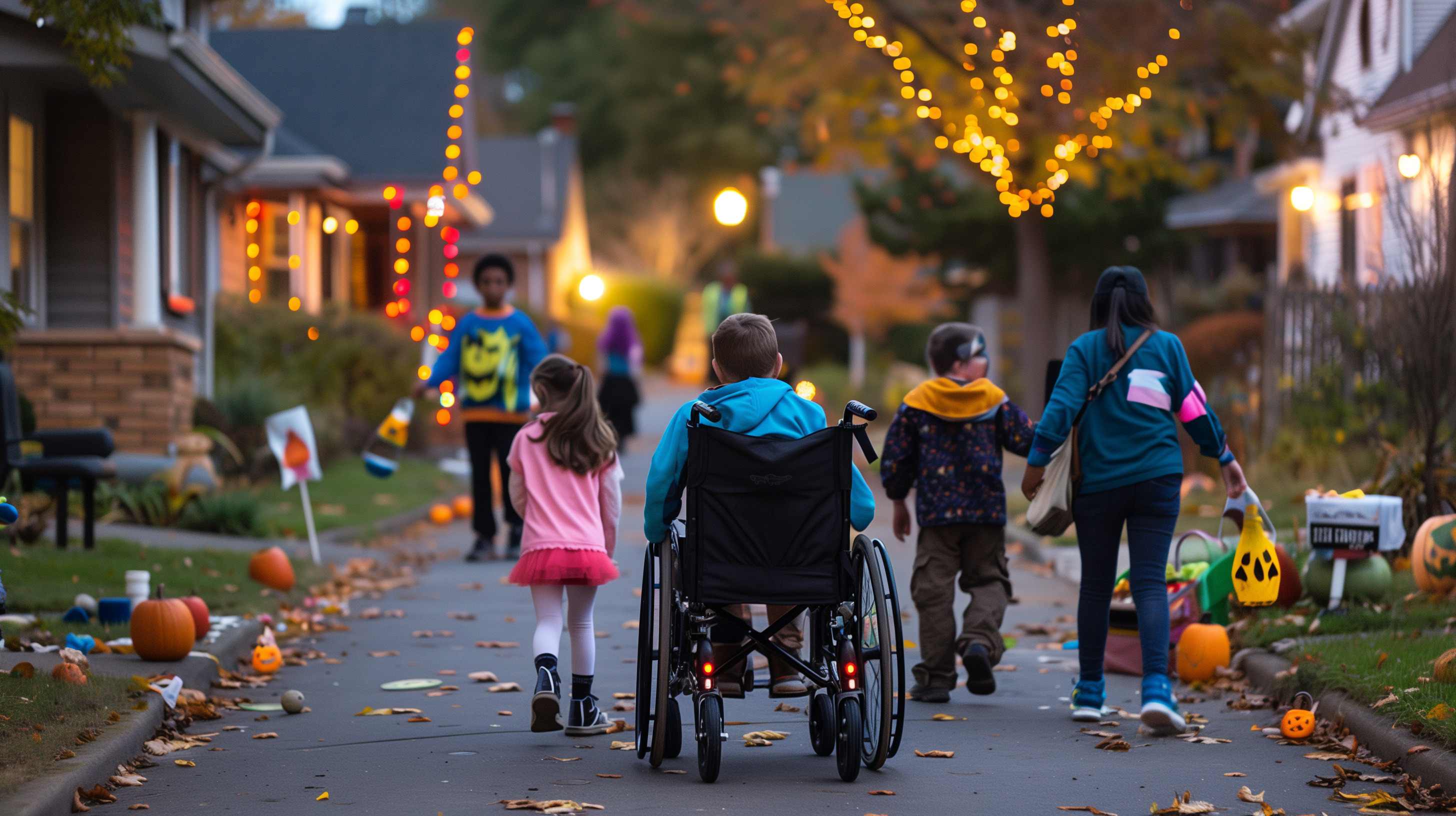 Children in costumes trick-or-treating on a residential street decorated with Halloween lights and pumpkins.