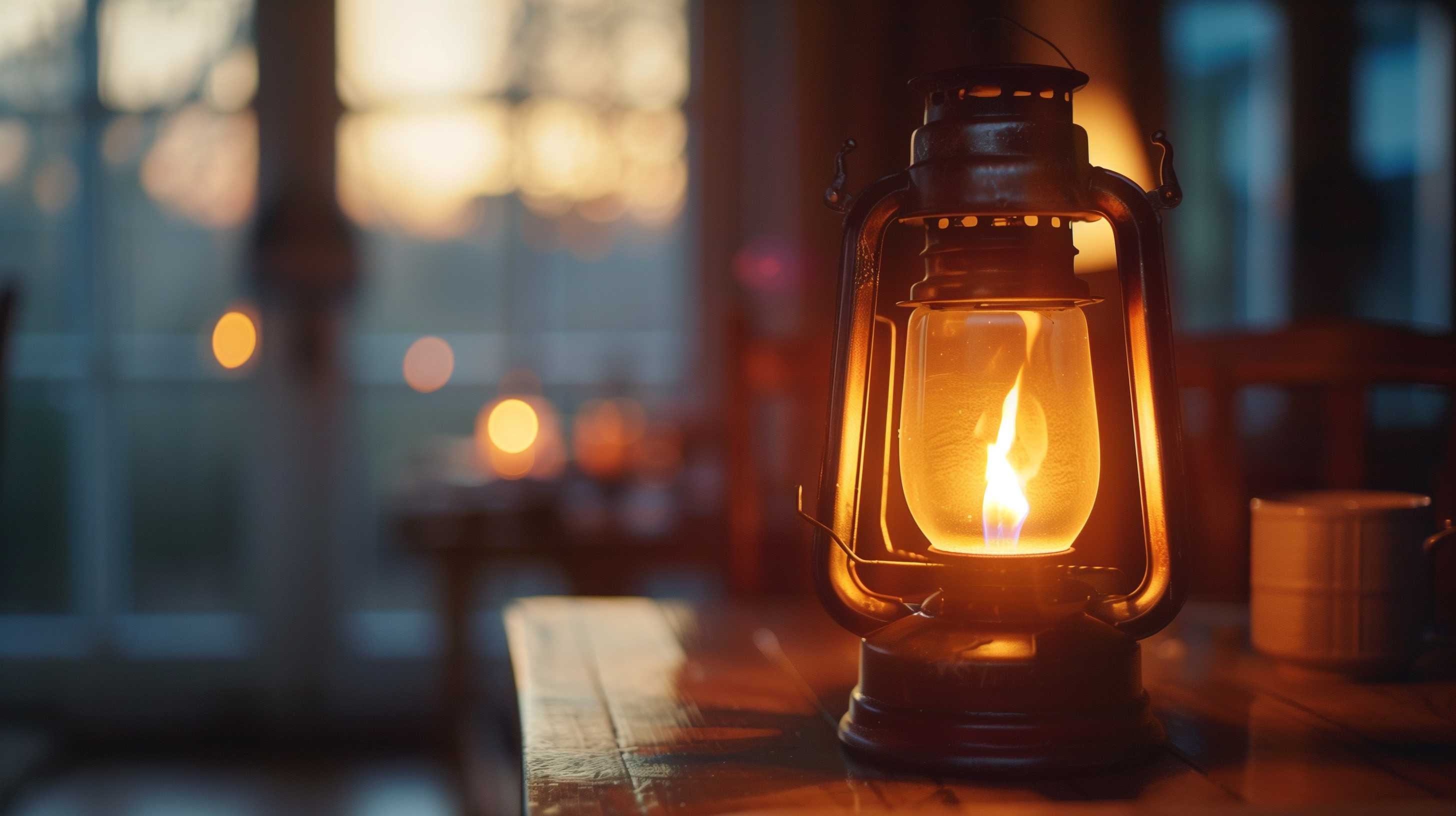 Glowing lantern illuminates a dim interior space at dusk, symbolizing clarity and light in darkness.