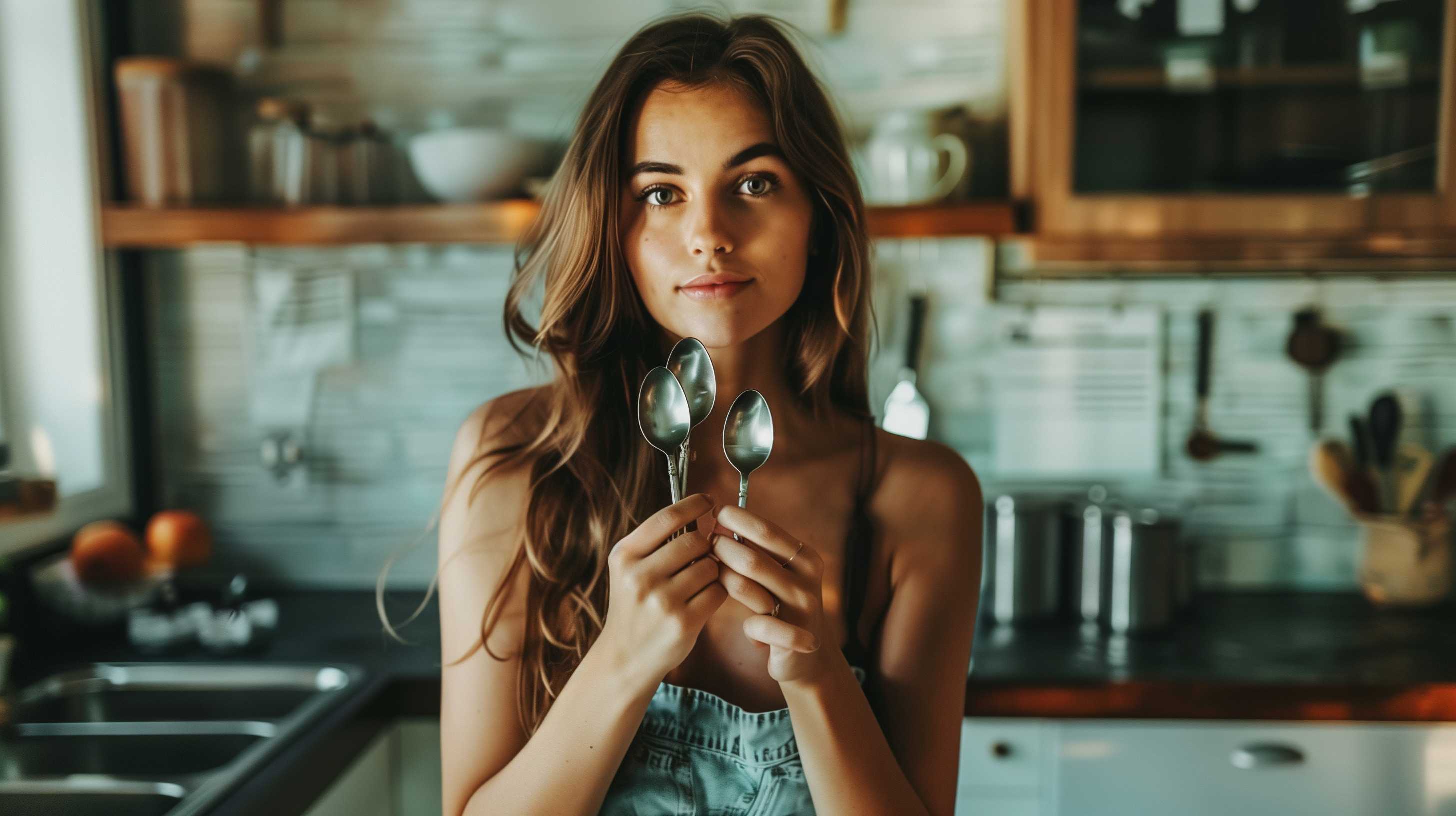 Woman in kitchen holding two spoons, illustrating the spoon theory concept for managing chronic illness energy.