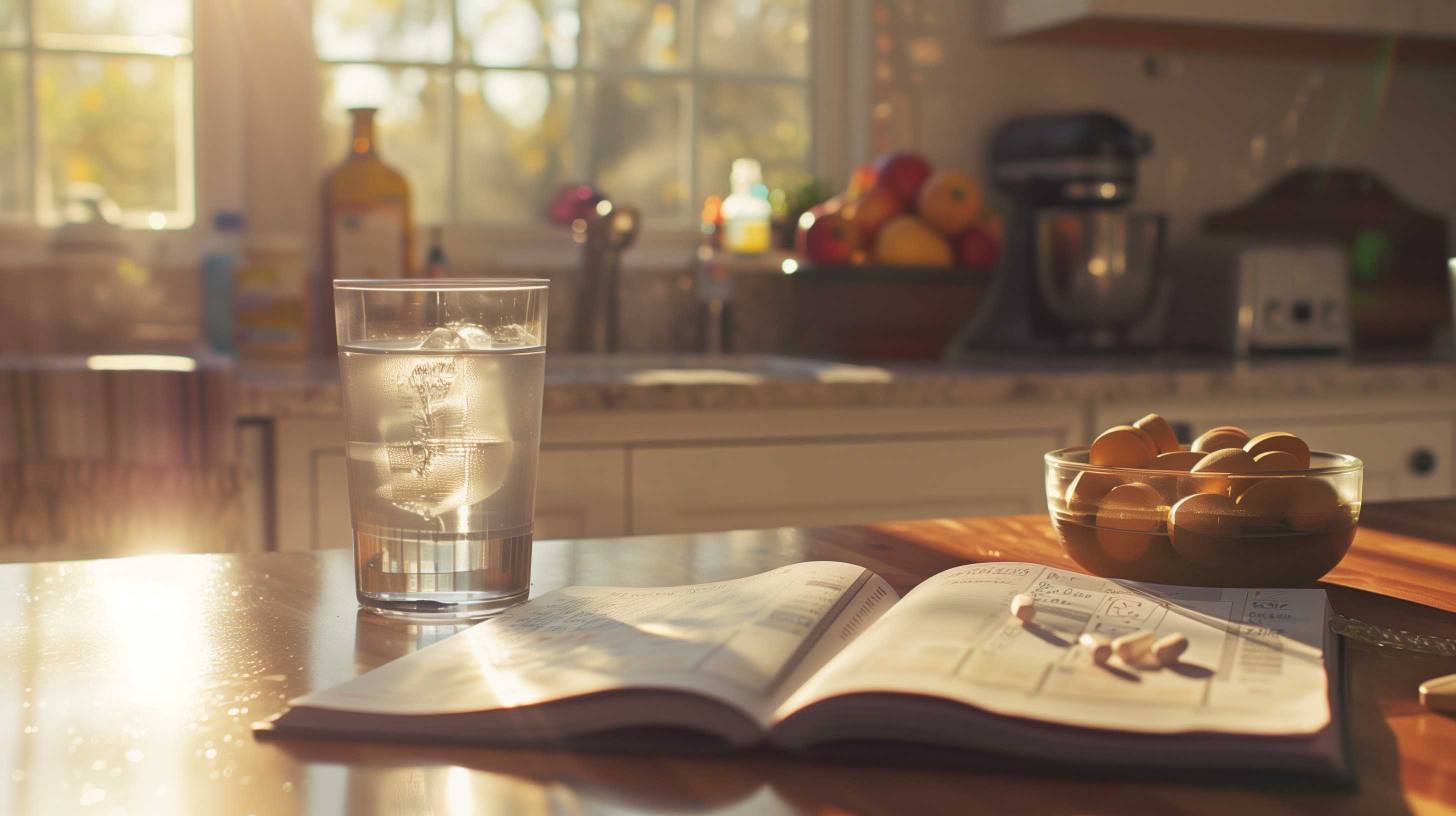 A glass of water and open journal sit on a sunny kitchen counter, illustrating daily symptom tracking practices.