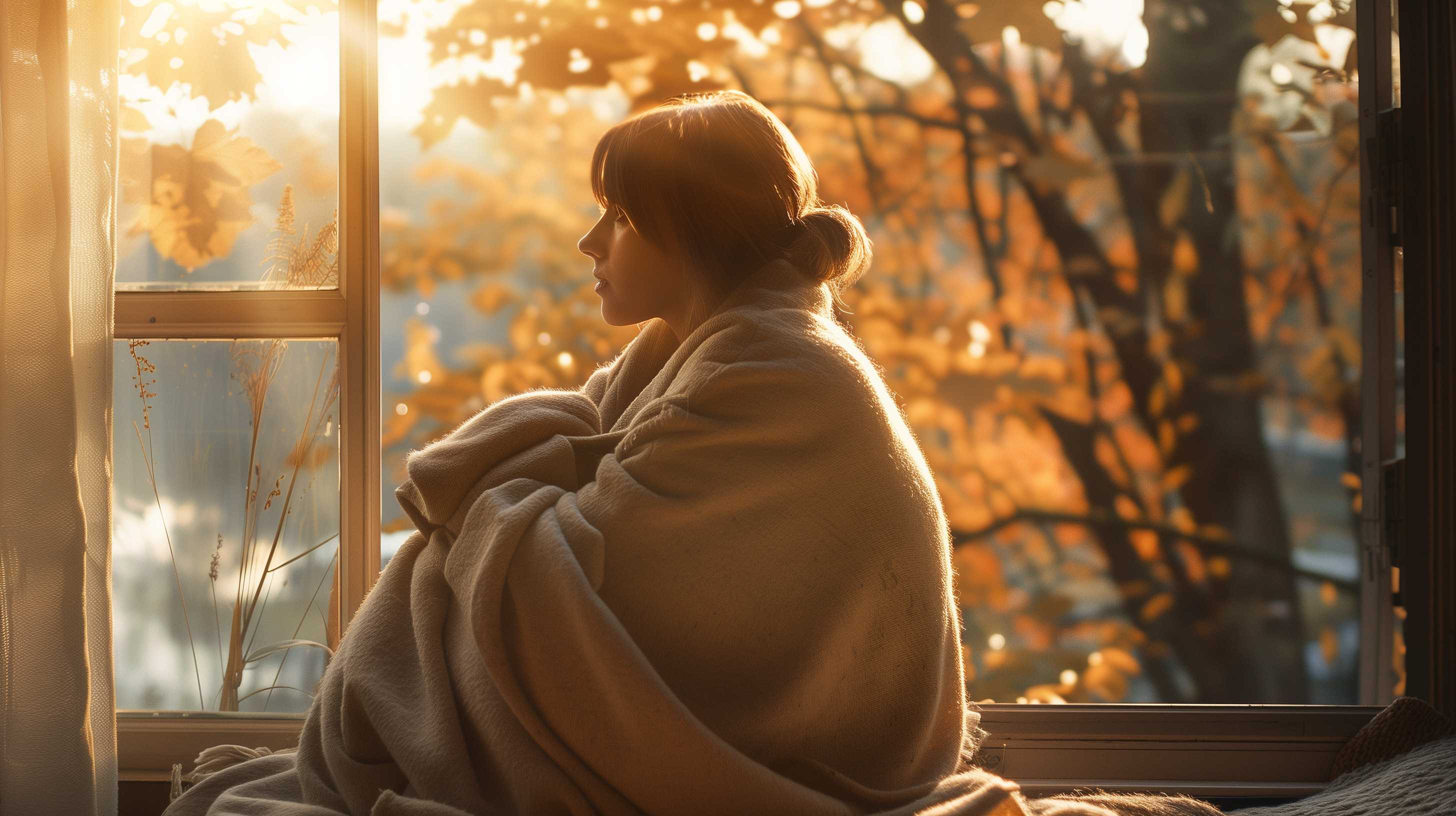 Person wrapped in a cozy blanket gazing out a window at autumn trees during golden hour.