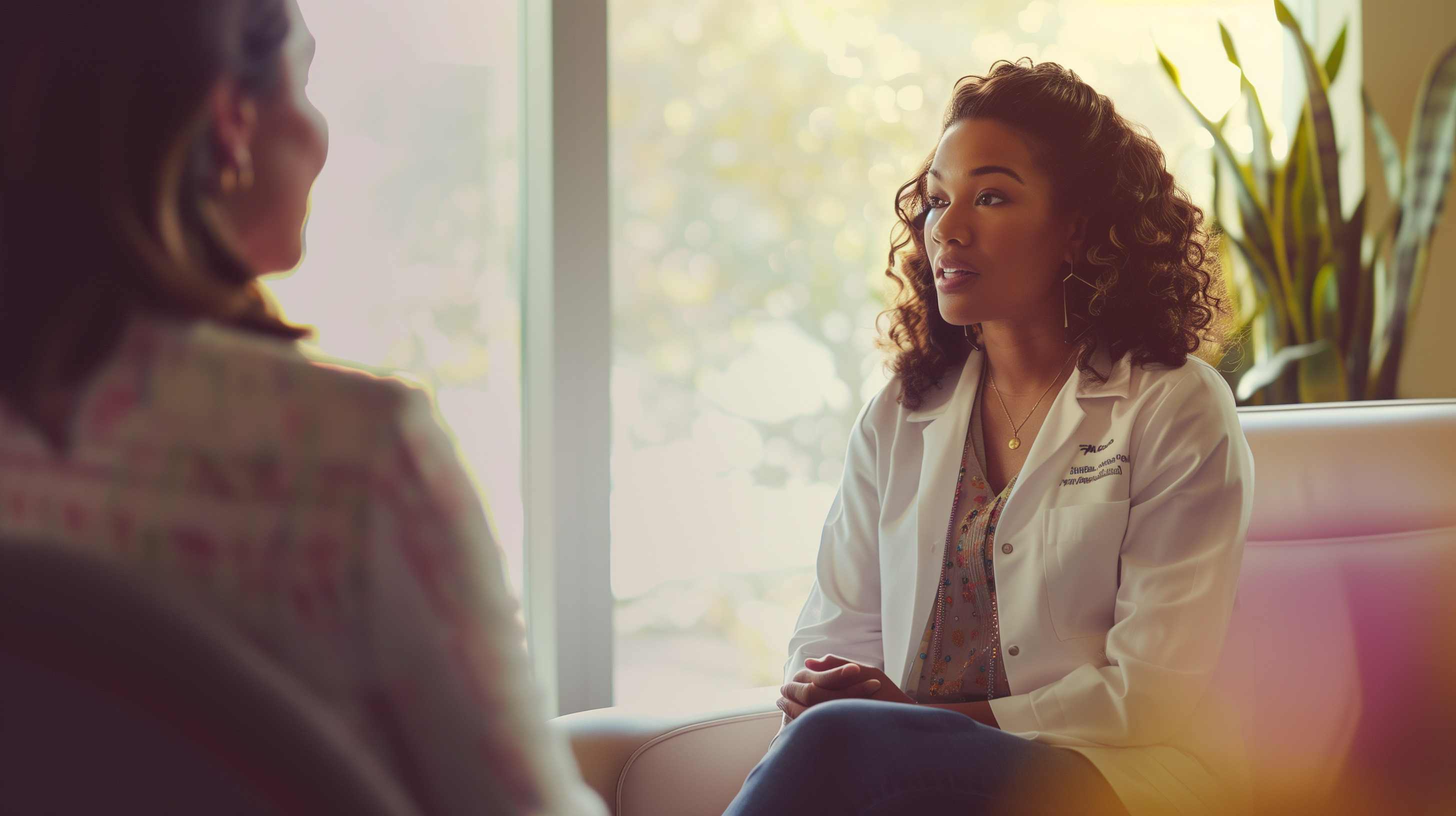 Two women having a conversation in a bright room with plants, discussing health care advocacy.
