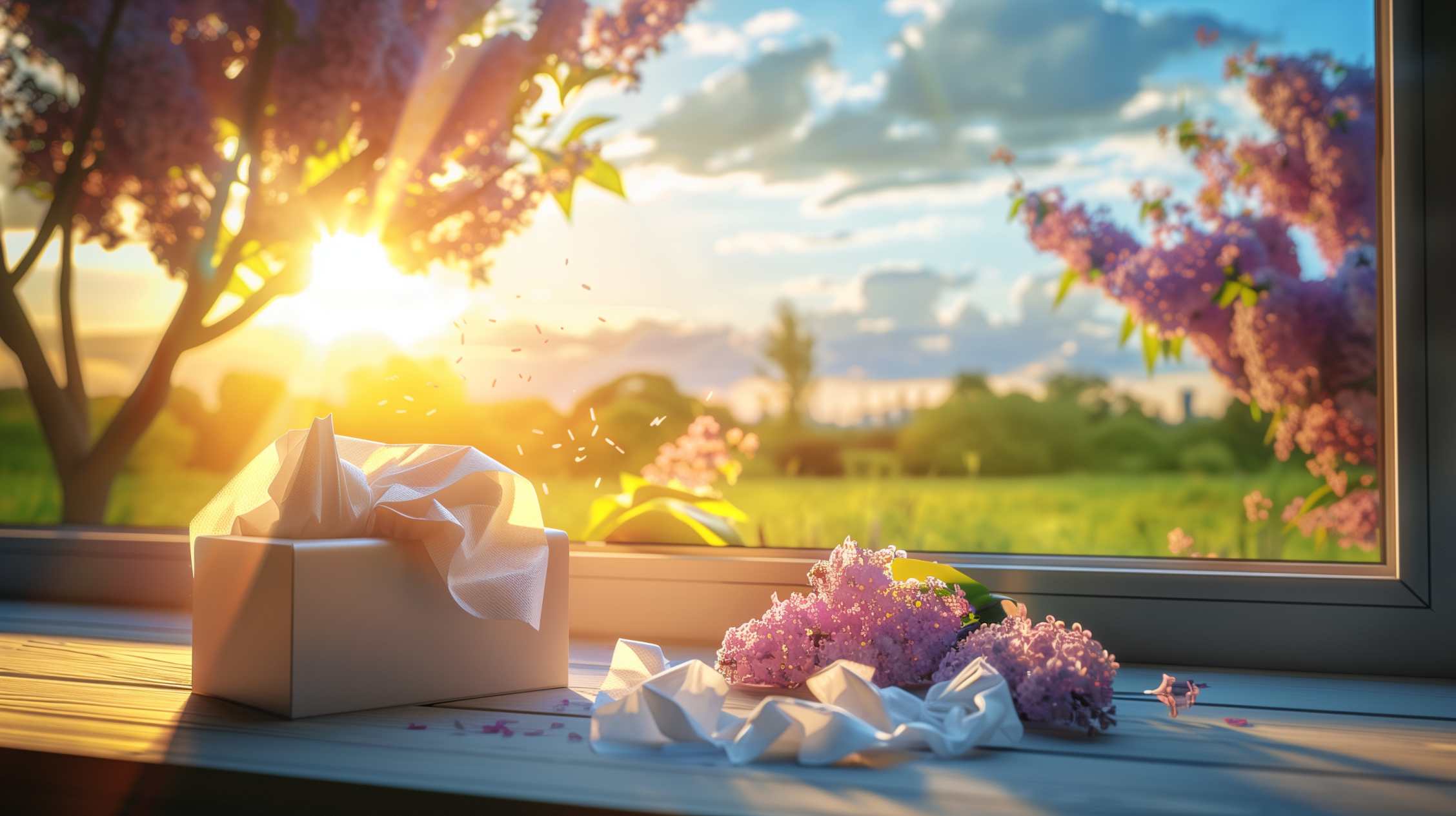 Tissue box and purple flowers on windowsill with spring sunset landscape visible through window.