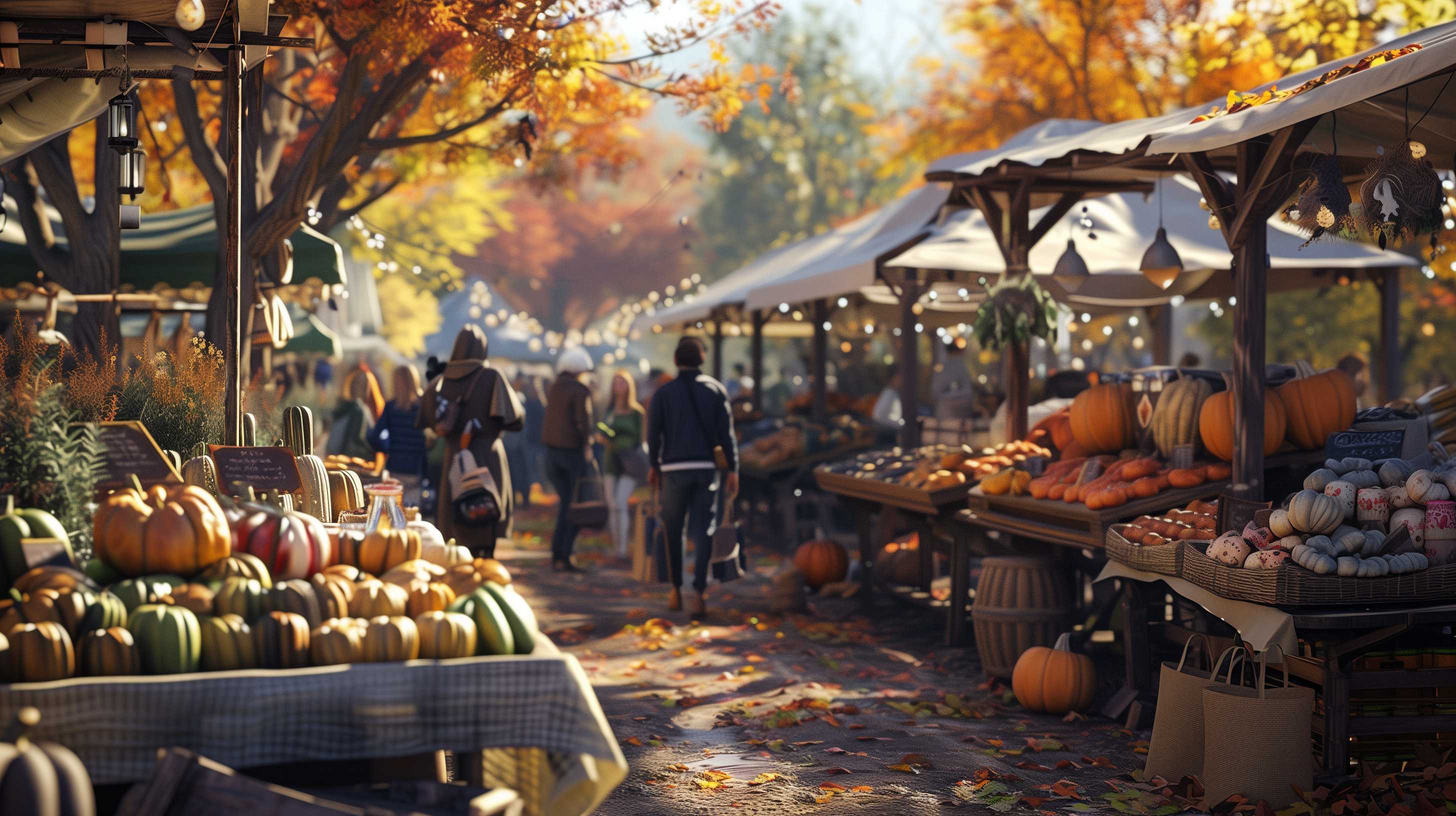 Autumn farmers market with pumpkins, visitors browsing under pergolas in golden sunlight.