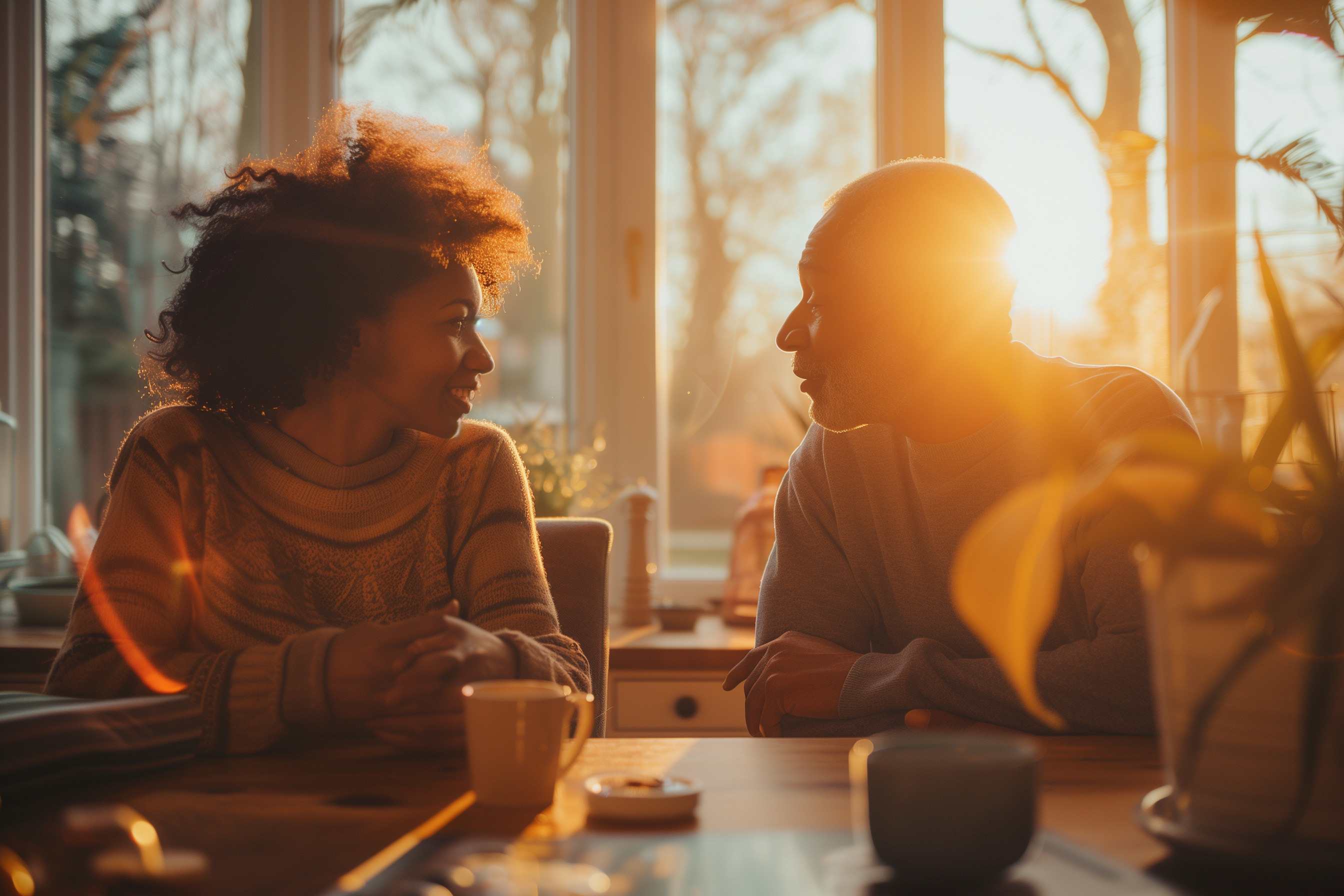 A women who is a caregiver to a man, having a conversation at sunrise at a kitchen table.