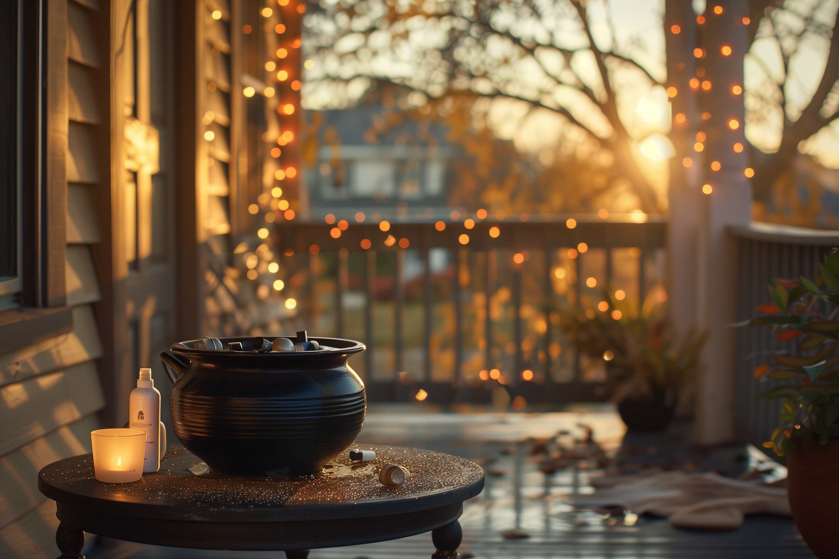 A front porch on halloween with a cauldron at the front door. In the cauldron is personal care items like lotion for spoonie treats.