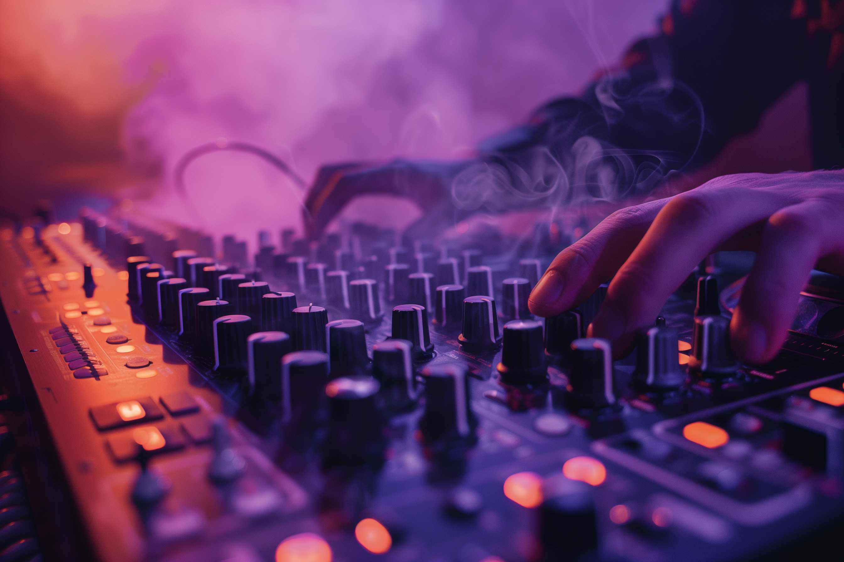 close up of DJ hands on DJ equipment