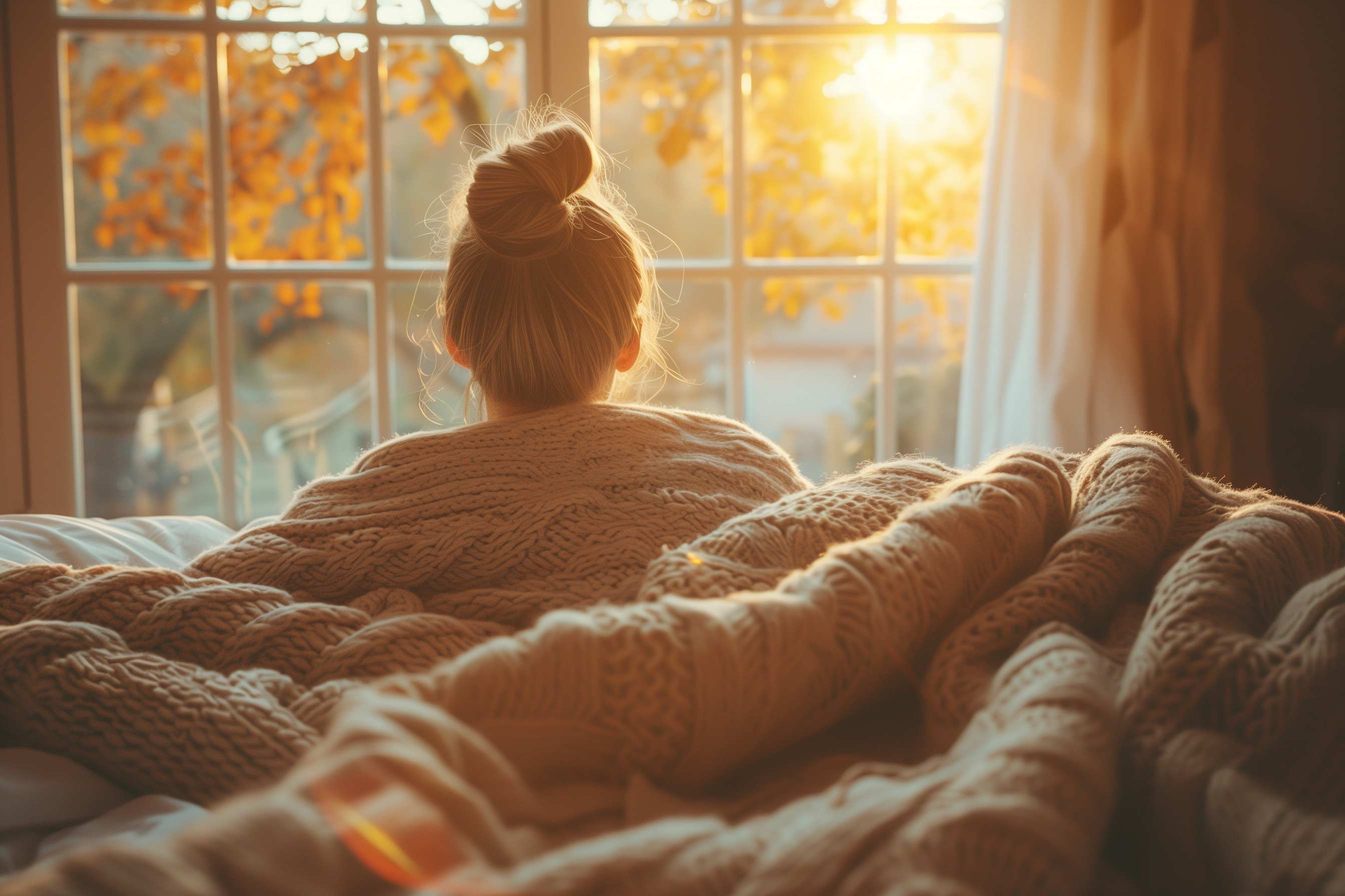 a women on a bed with blankets and early morning light