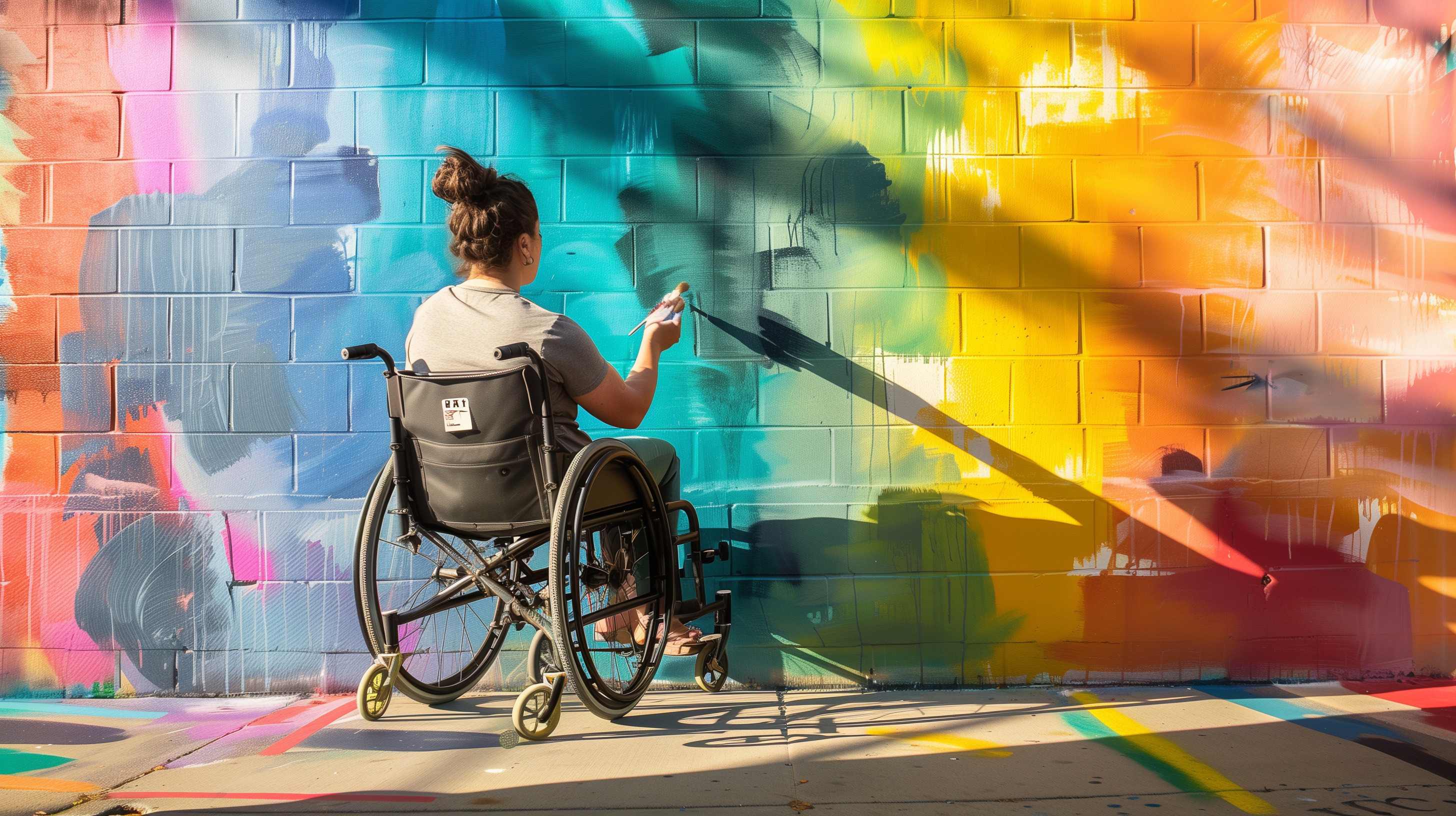 Women in a wheel chair painting a colorful mural on a wall.