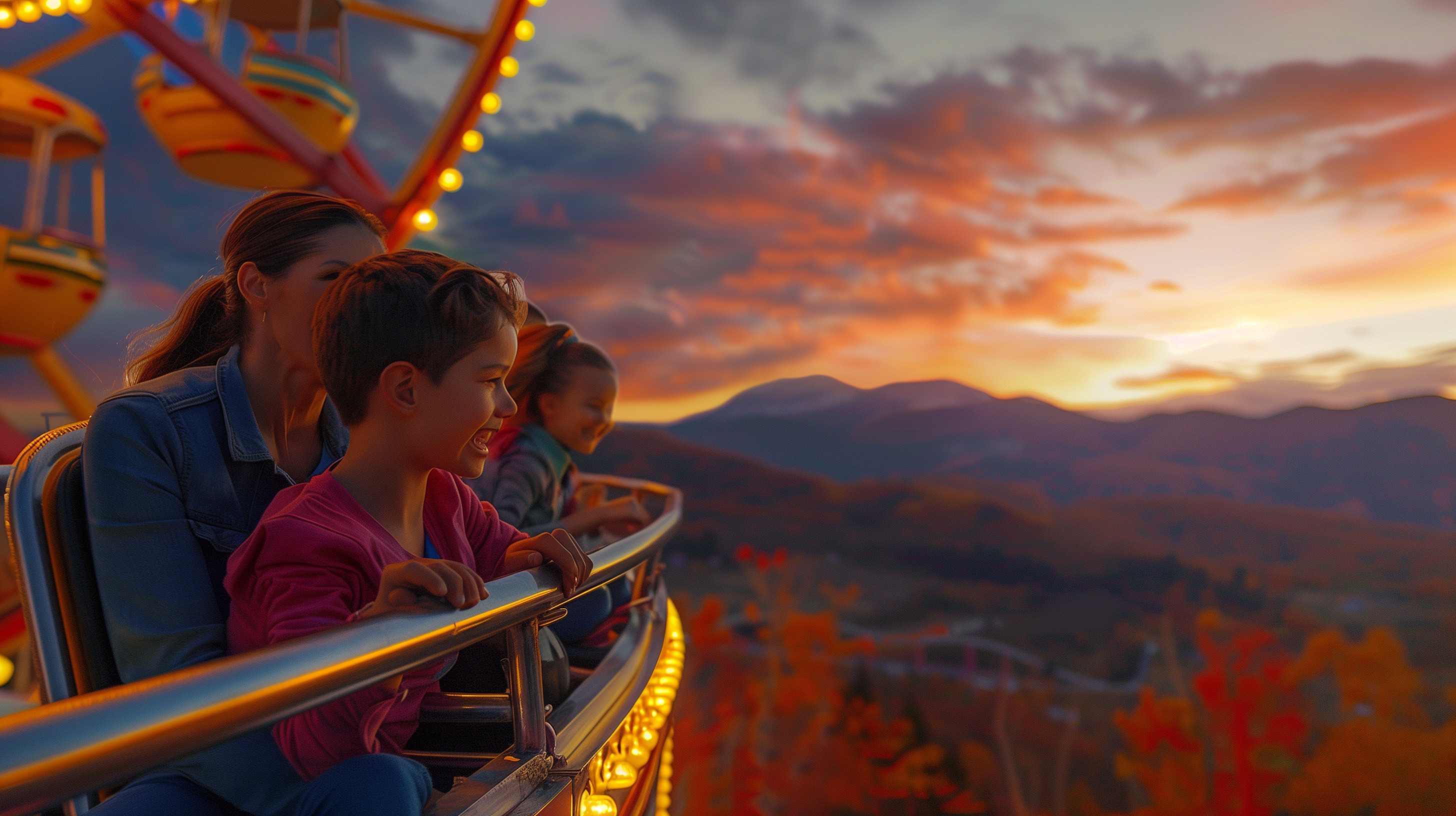 Family riding a roller coaster at sunset, experiencing joy despite potential health challenges.