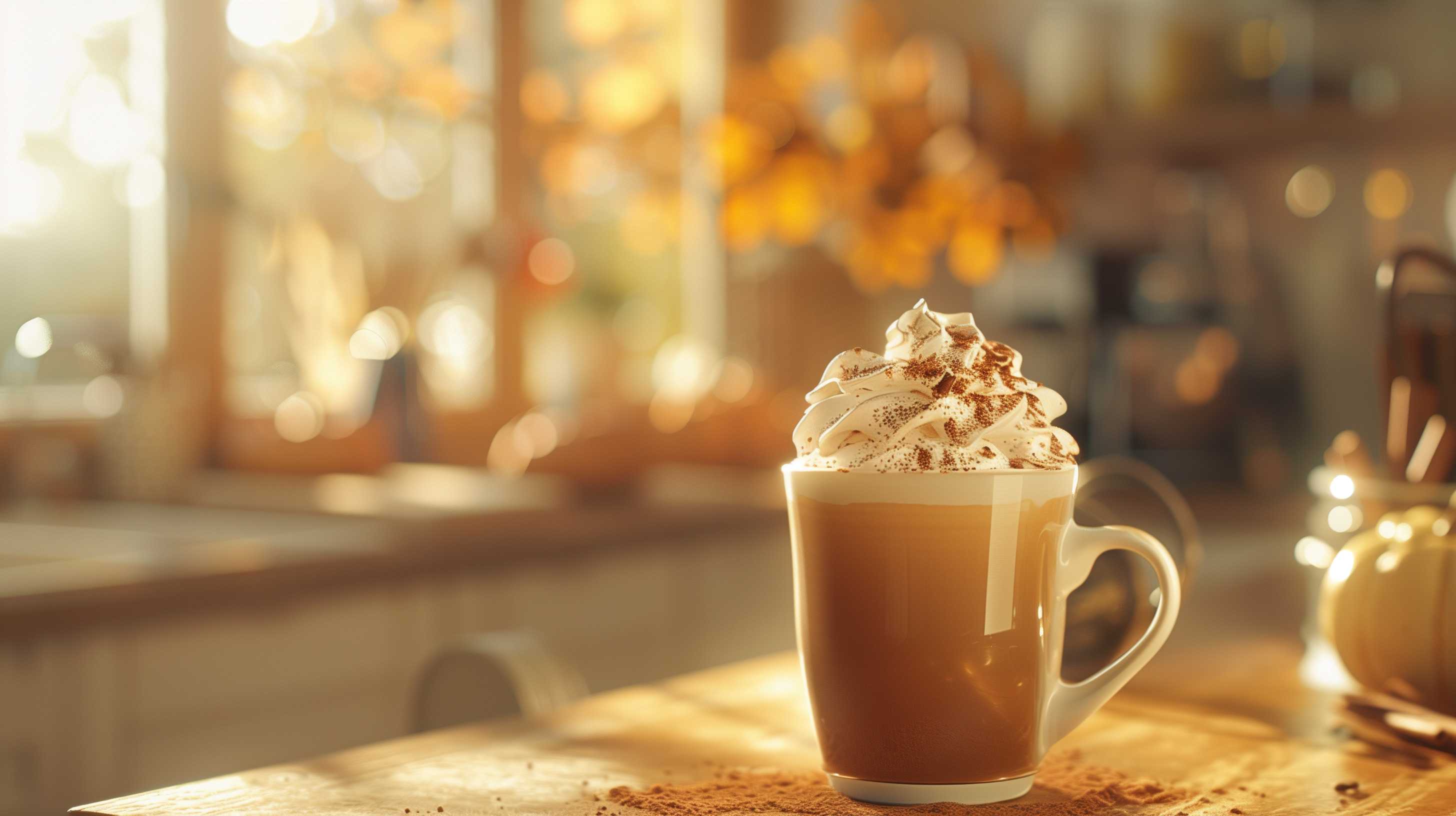Fall scene in a kitchen with a drink in a mug with whip cream.