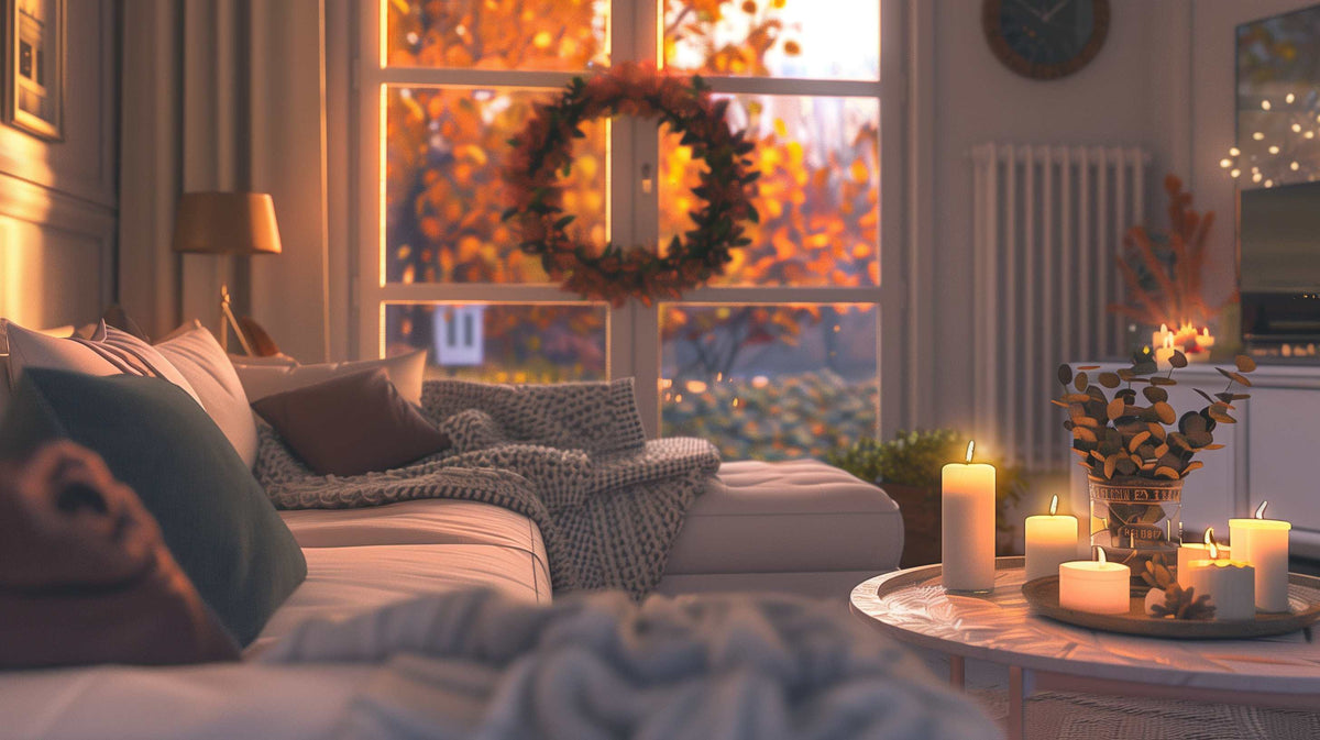 Fall scene in a cozy living room with autumn leaves outside the window at dusk.