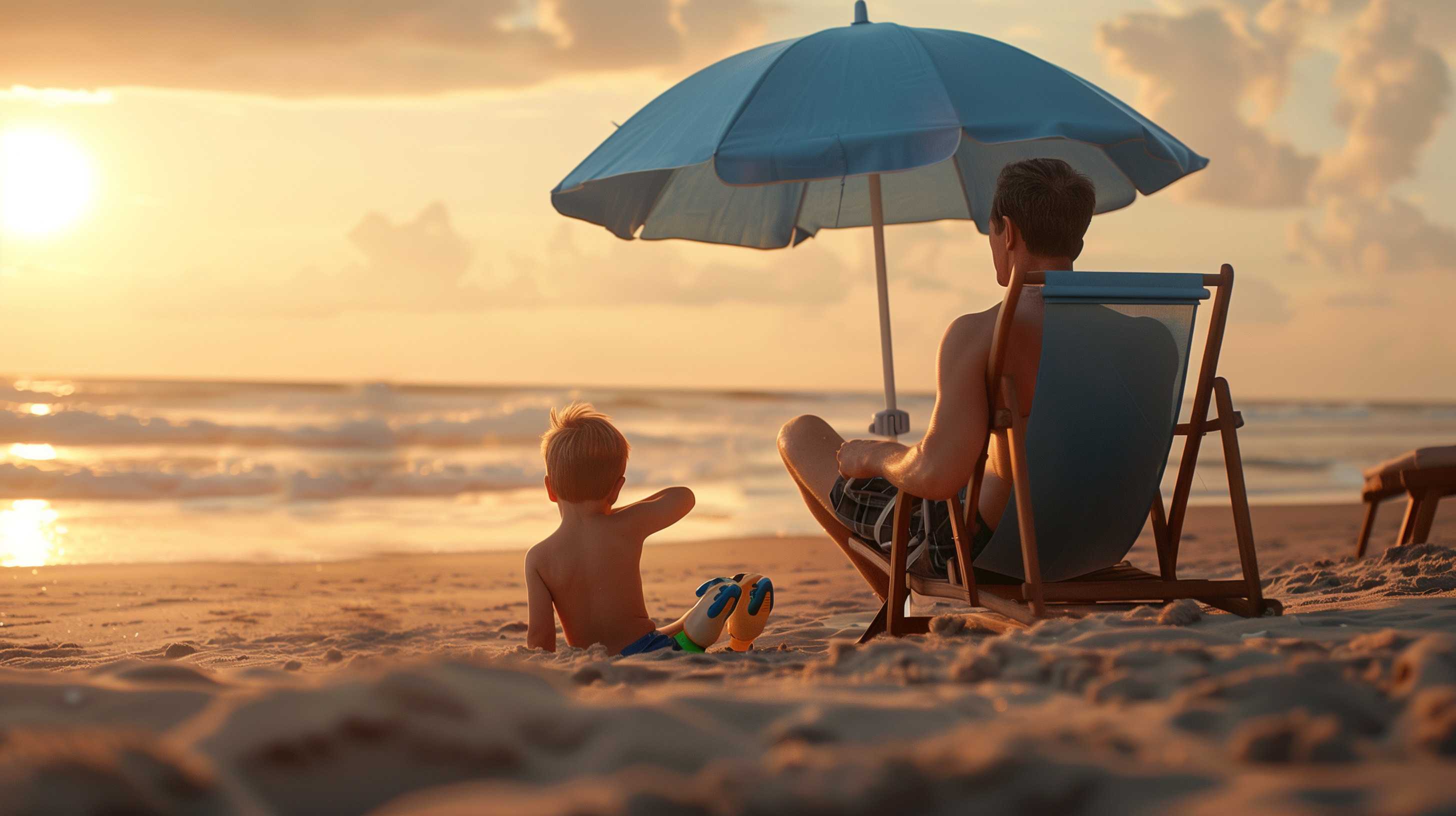 Father in beach chair with umbrella supervises young child playing in sand at sunset.