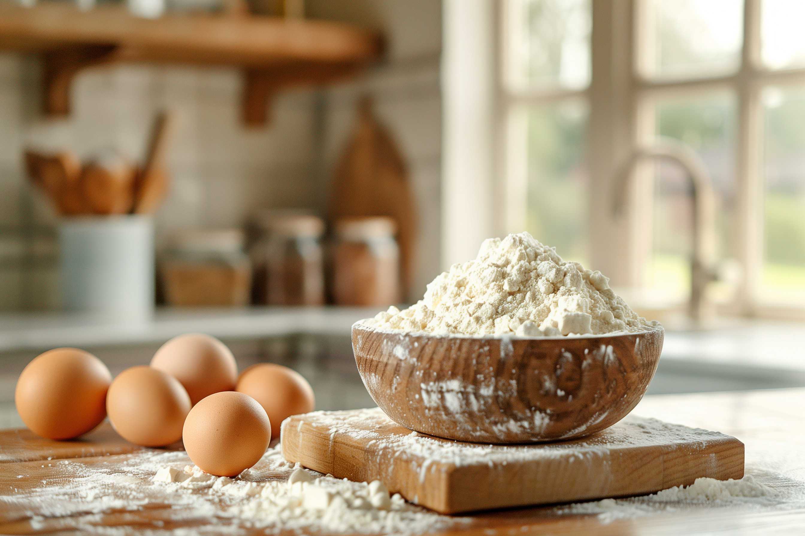 eggs and flour on a kitchen counter