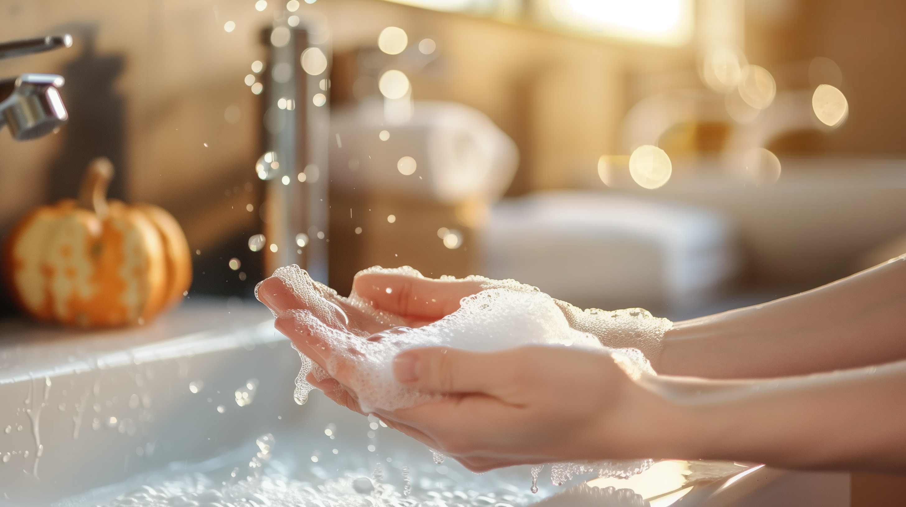 Person washing hands with soap and water under running faucet in bright kitchen with autumn decor.