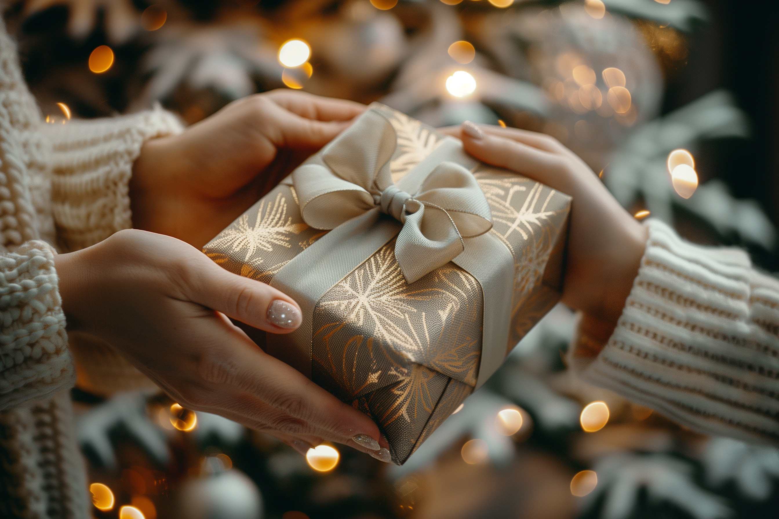 1 person handing another person a gift in front of a christmas tree