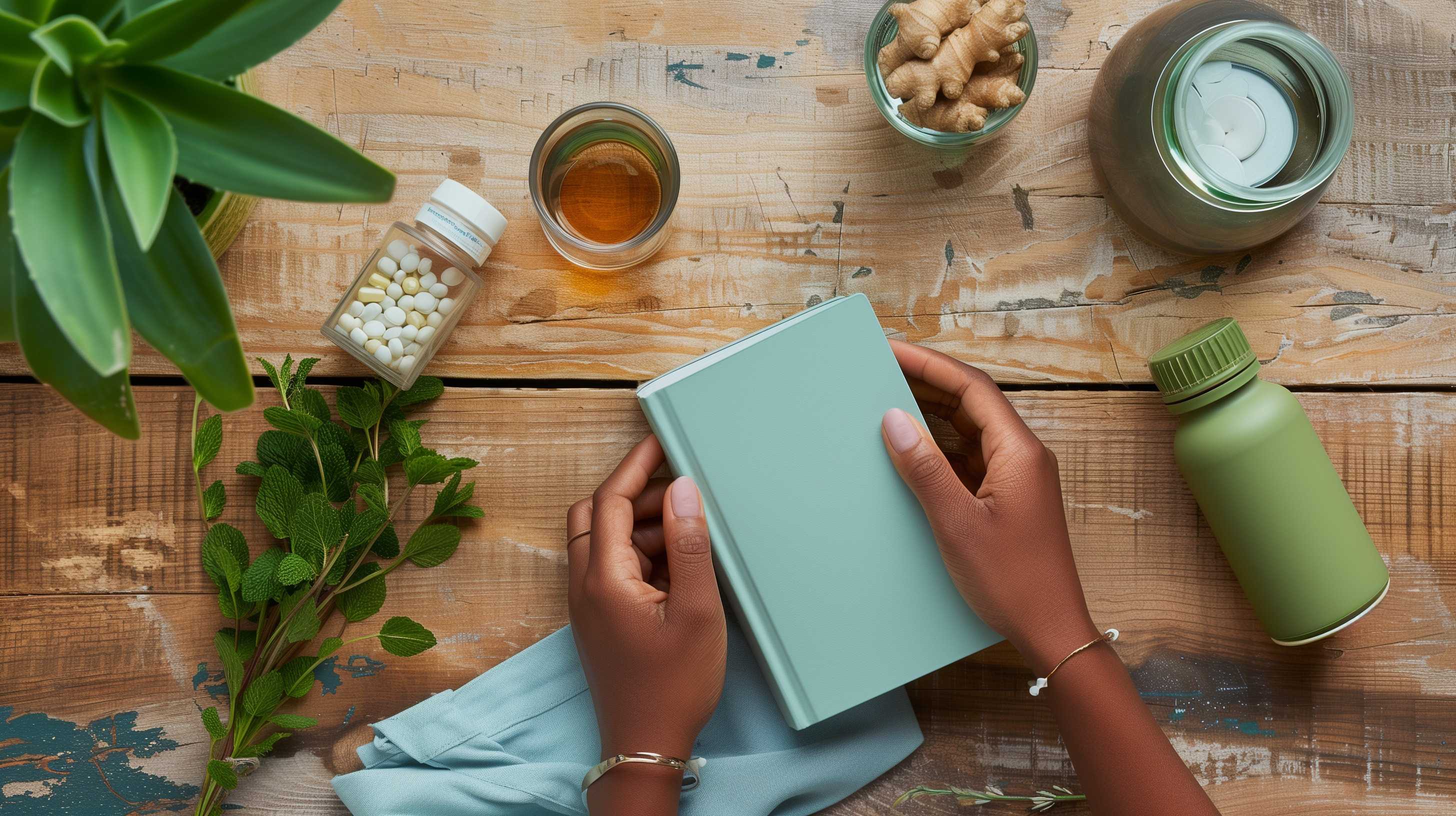 Hands holding blank notebook surrounded by wellness items including herbs, supplements, and water bottle on wooden table.