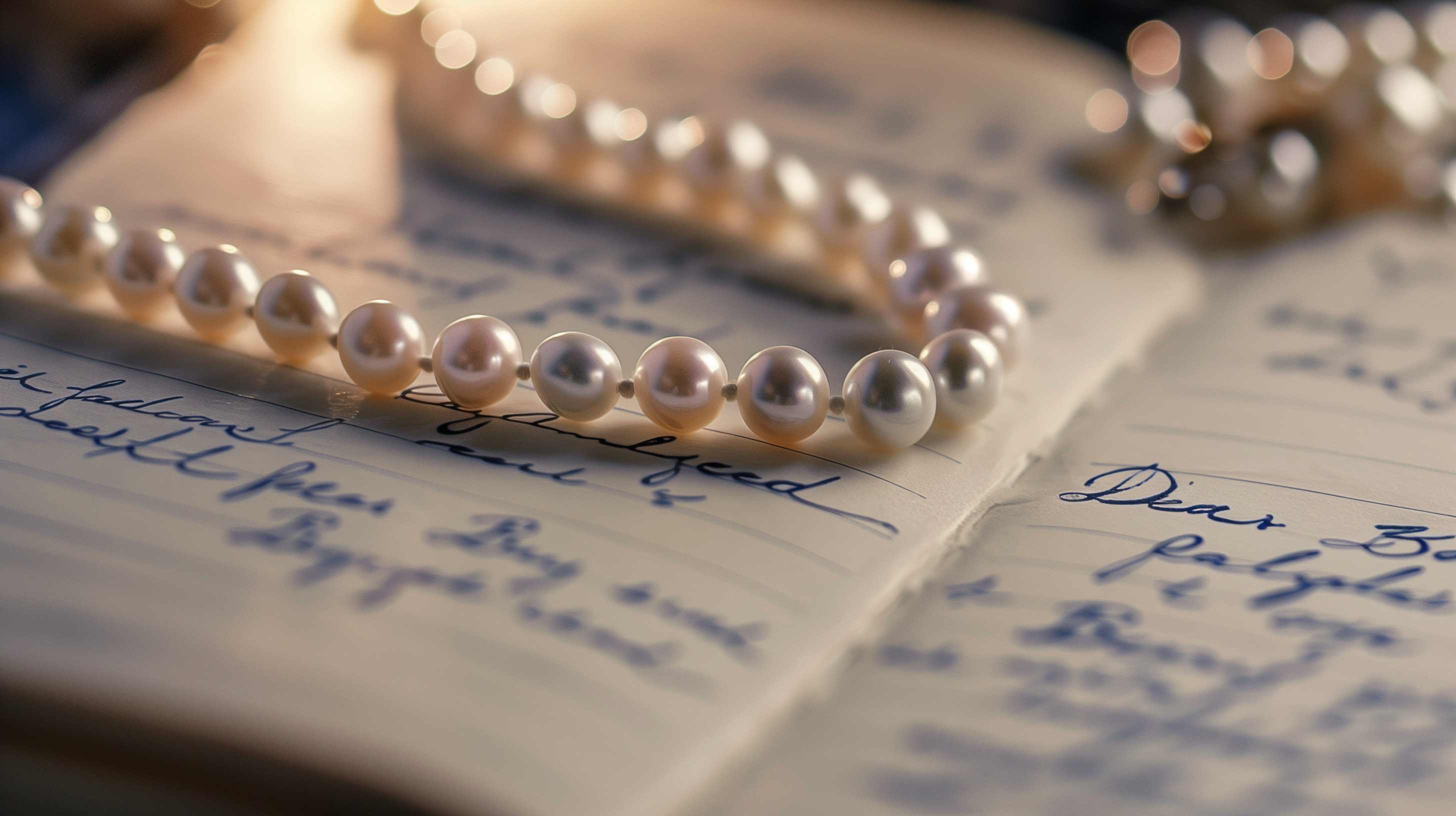 Pearl necklace draped across handwritten journal pages in soft natural light.